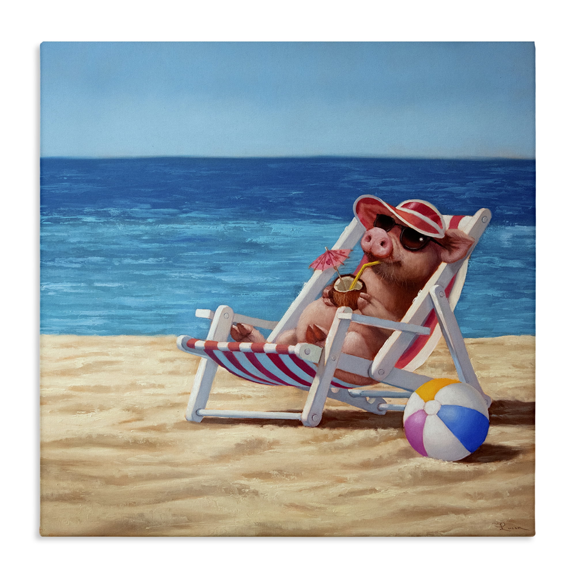Stupell Industries Pig with Beach Cocktail Novelty Painting Gallery Wrapped Canvas Art Print Wall Art, 24 x 24