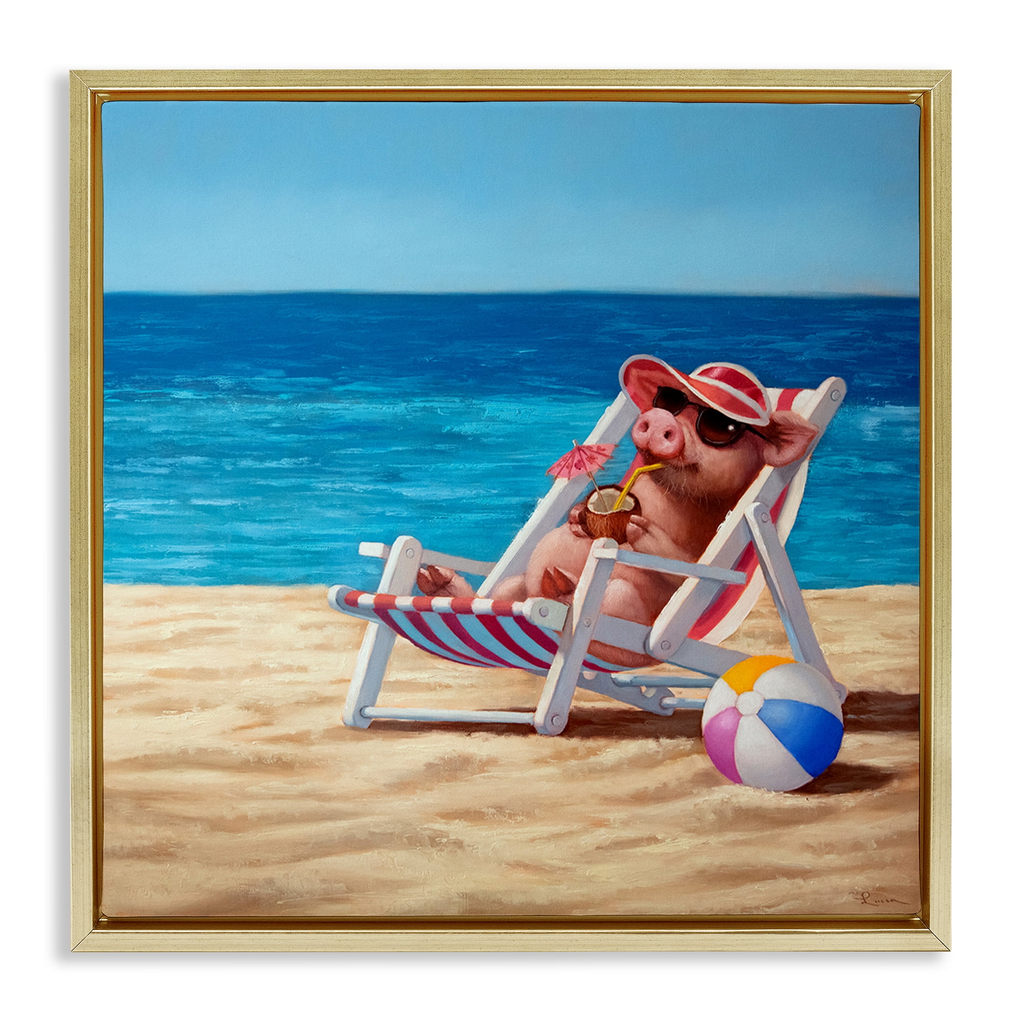 Stupell Industries Pig with Beach Cocktail Novelty Painting Gold Floater Framed Canvas Art Print Wall Art, 18 x 18