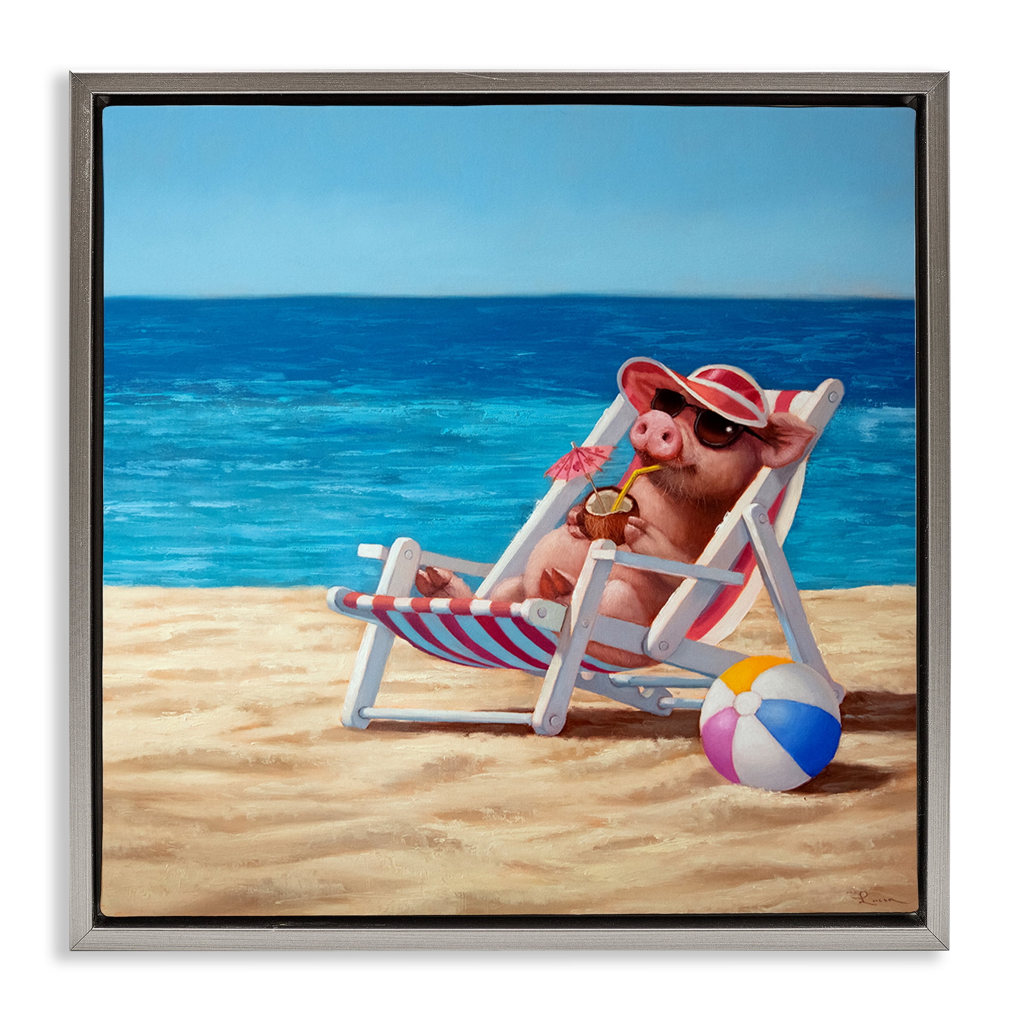 Stupell Industries Pig with Beach Cocktail Novelty Painting Gray Floater Framed Canvas Art Print Wall Art, 18 x 18