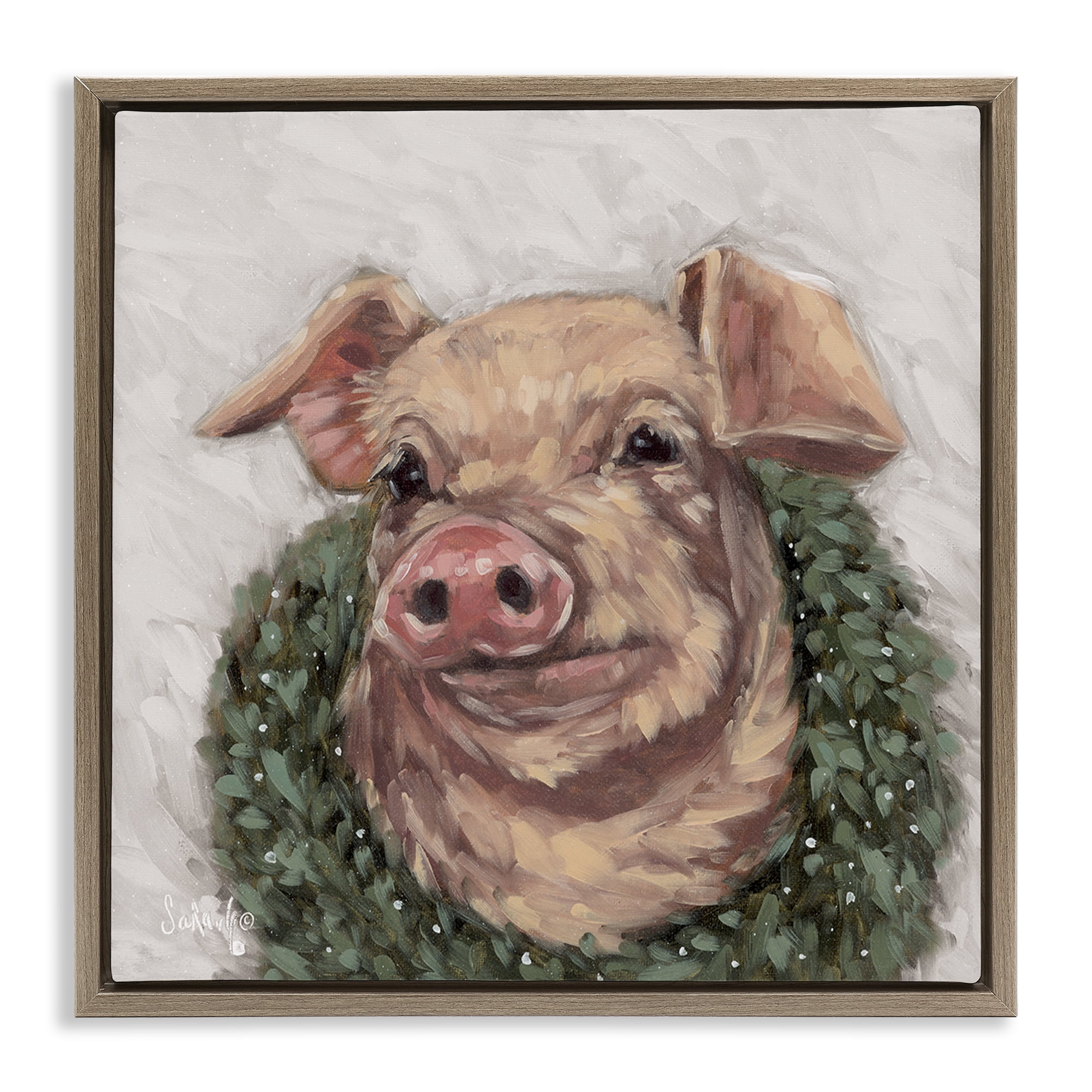 Stupell Industries Pig with Holiday Wreath Holiday Painting Brown Floater Framed Canvas Art Prints Wall Art, 25 x 25