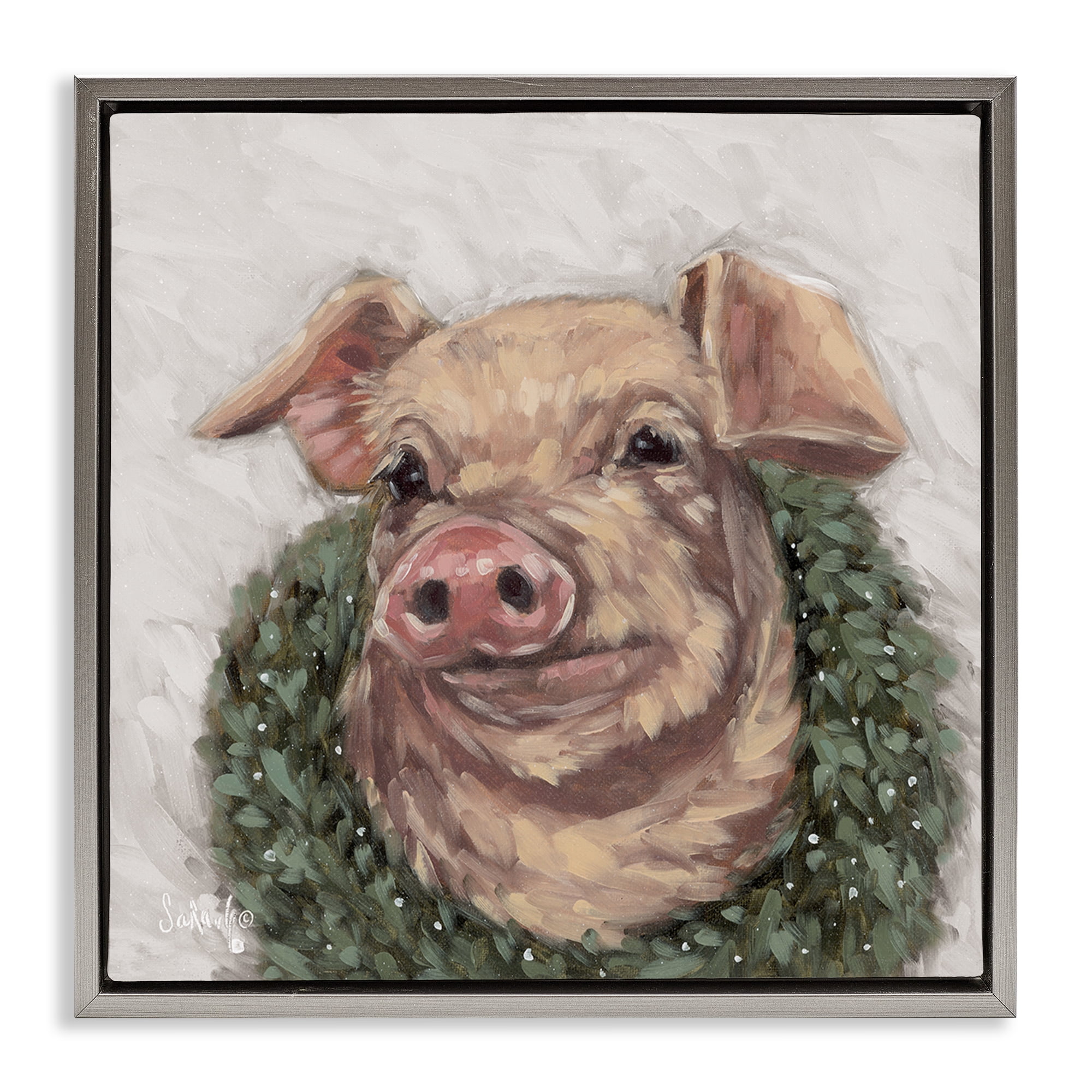 Stupell Industries Pig with Holiday Wreath Holiday Painting Gray Floater Framed Canvas Art Prints Wall Art, 18 x 18