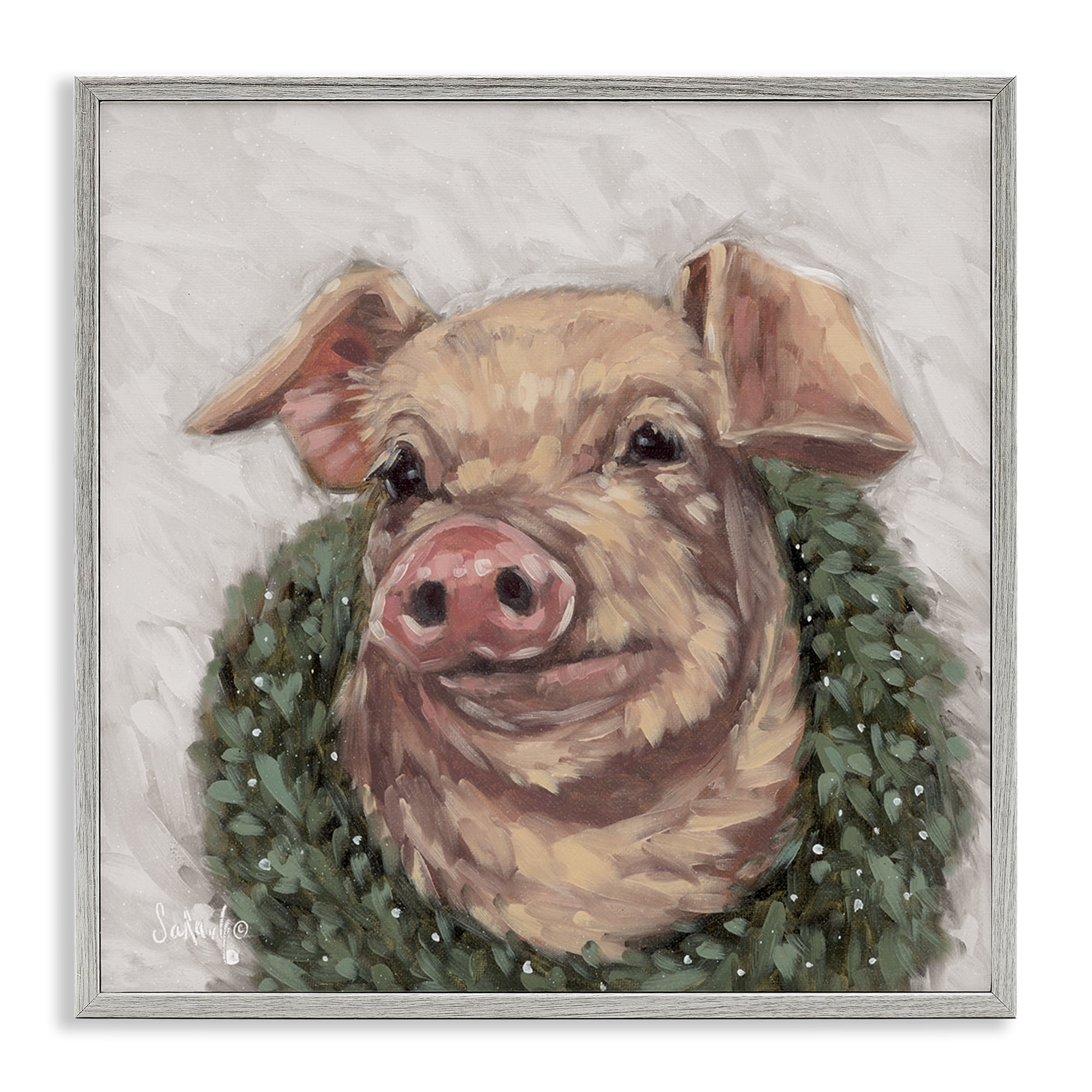 Stupell Industries Pig with Holiday Wreath Holiday Painting Gray Framed Art Prints Wall Art, 17 x 17