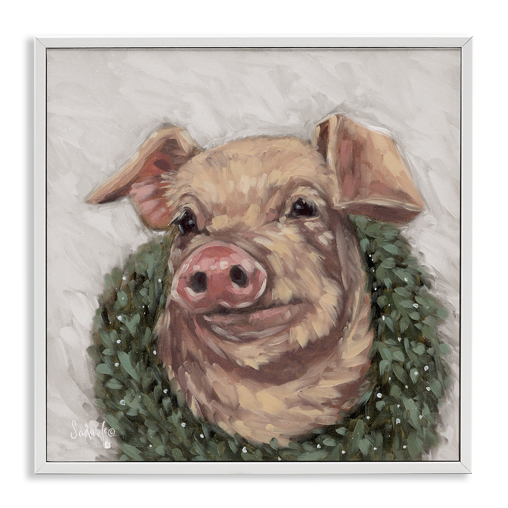 Stupell Industries Pig with Holiday Wreath Holiday Painting White Framed Art Prints Wall Art, 12 x 12