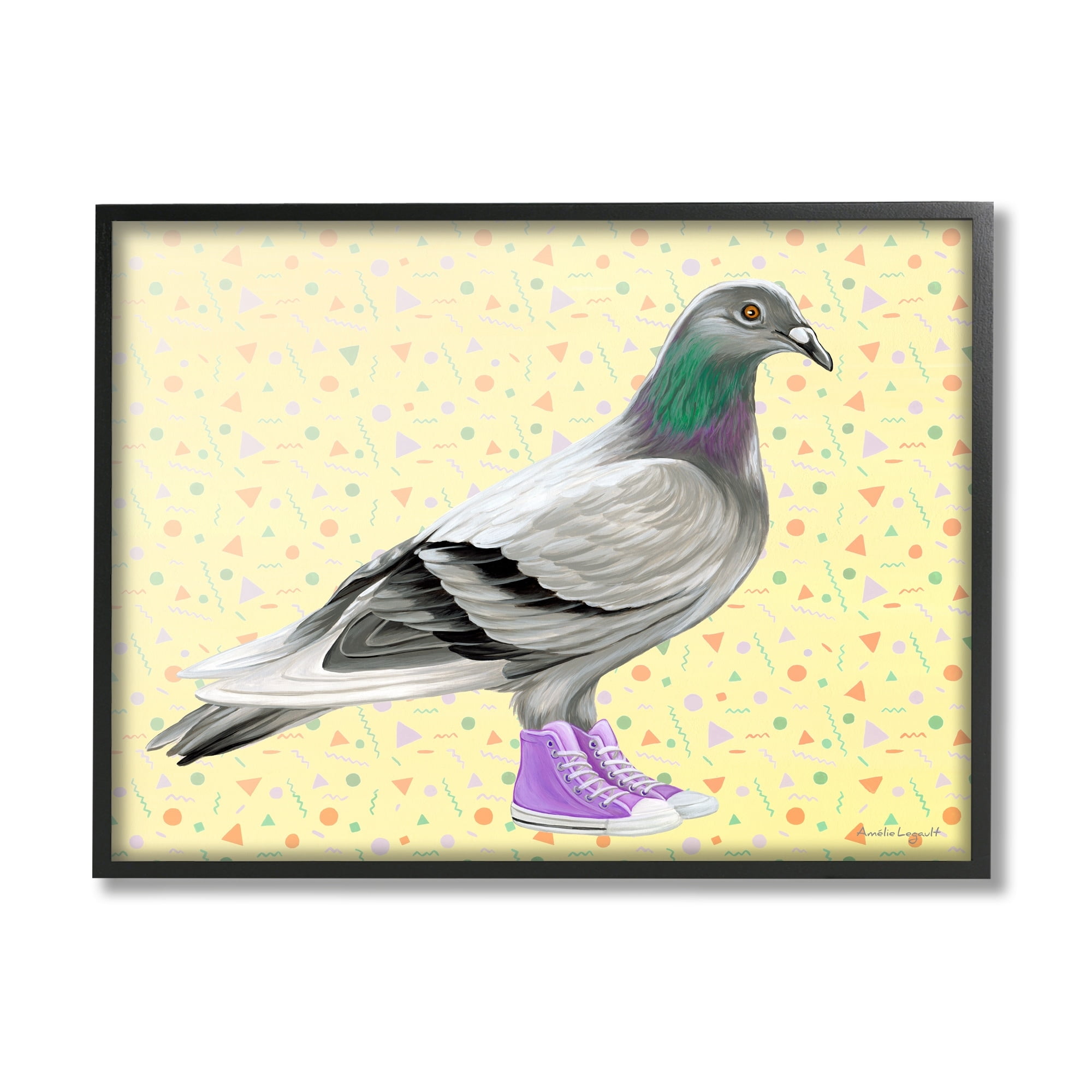Stupell Industries Pigeon In Purple Sneakers Retro Patterned Background Graphic Art Black Framed Art Print Wall Art, Design by Amelie Legault