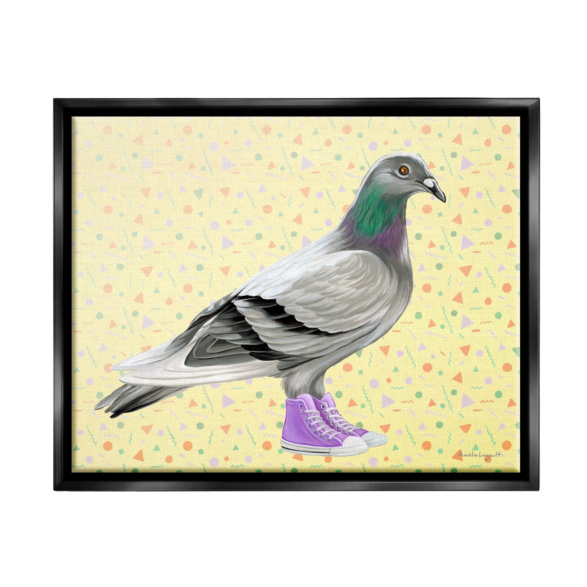 Stupell Industries Pigeon In Purple Sneakers Retro Patterned Background Graphic Art Jet Black Floating Framed Canvas Print Wall Art, Design by Amelie Legault
