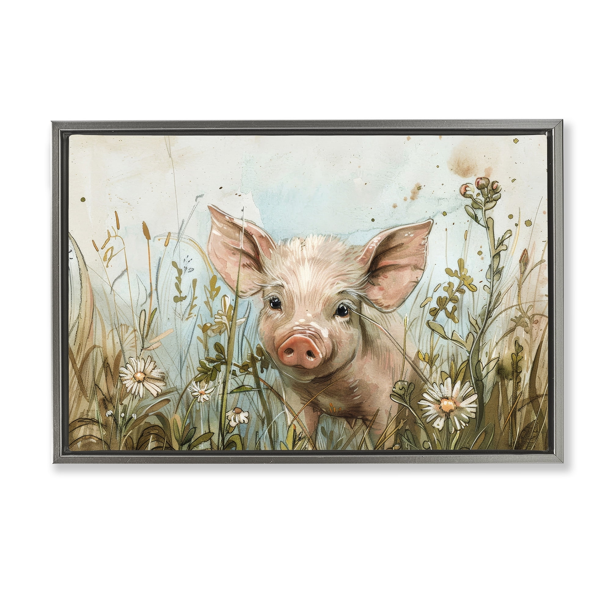Stupell Industries Piglet Among Flowers Animals & Insects Painting Gray Floater Framed Canvas Art Print Wall Art, 25 x 17