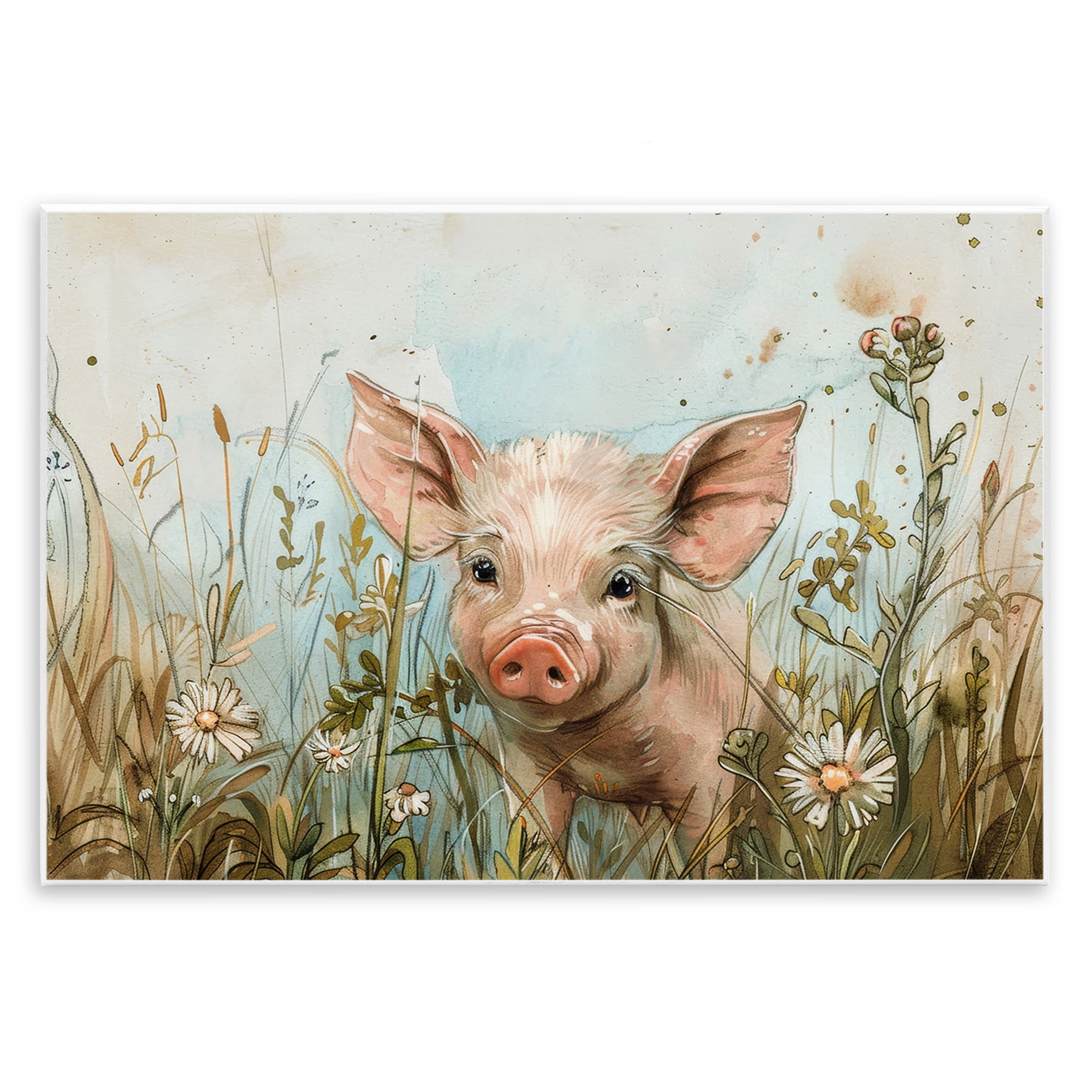 Stupell Industries Piglet Among Flowers Animals & Insects Painting Unframed Art Print Wall Art, 15 x 10