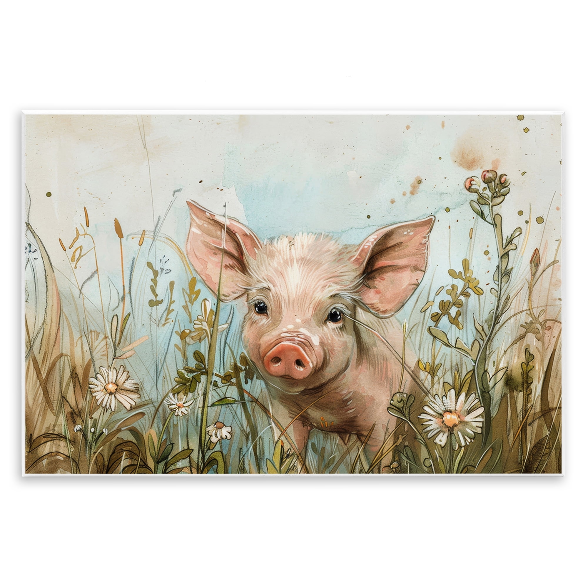 Stupell Industries Piglet Among Flowers Animals & Insects Painting Unframed Art Print Wall Art, 19 x 13
