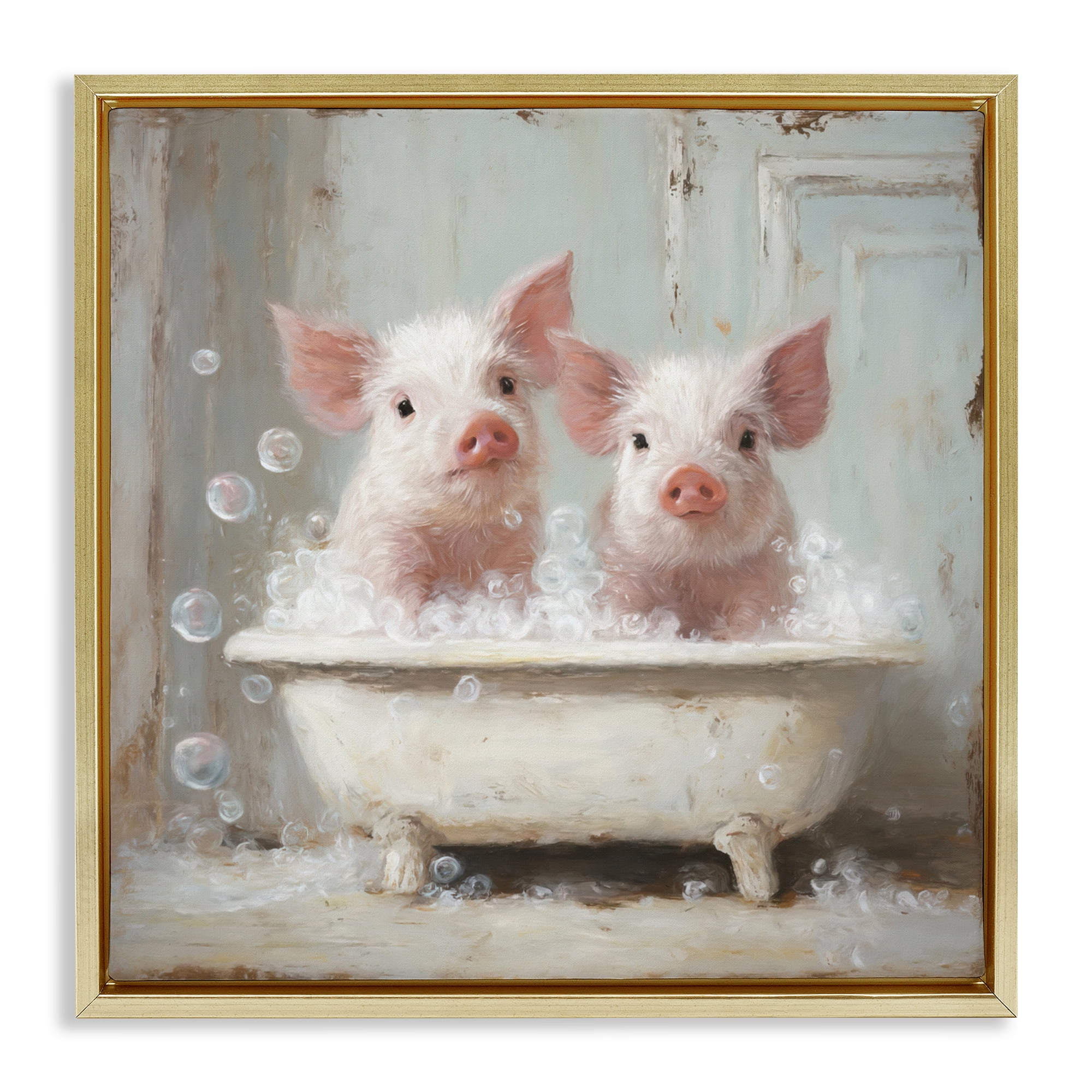 Stupell Industries Piglet Bubble Bath Gold Framed Floater Canvas Wall Art, design by Tina LeCour
