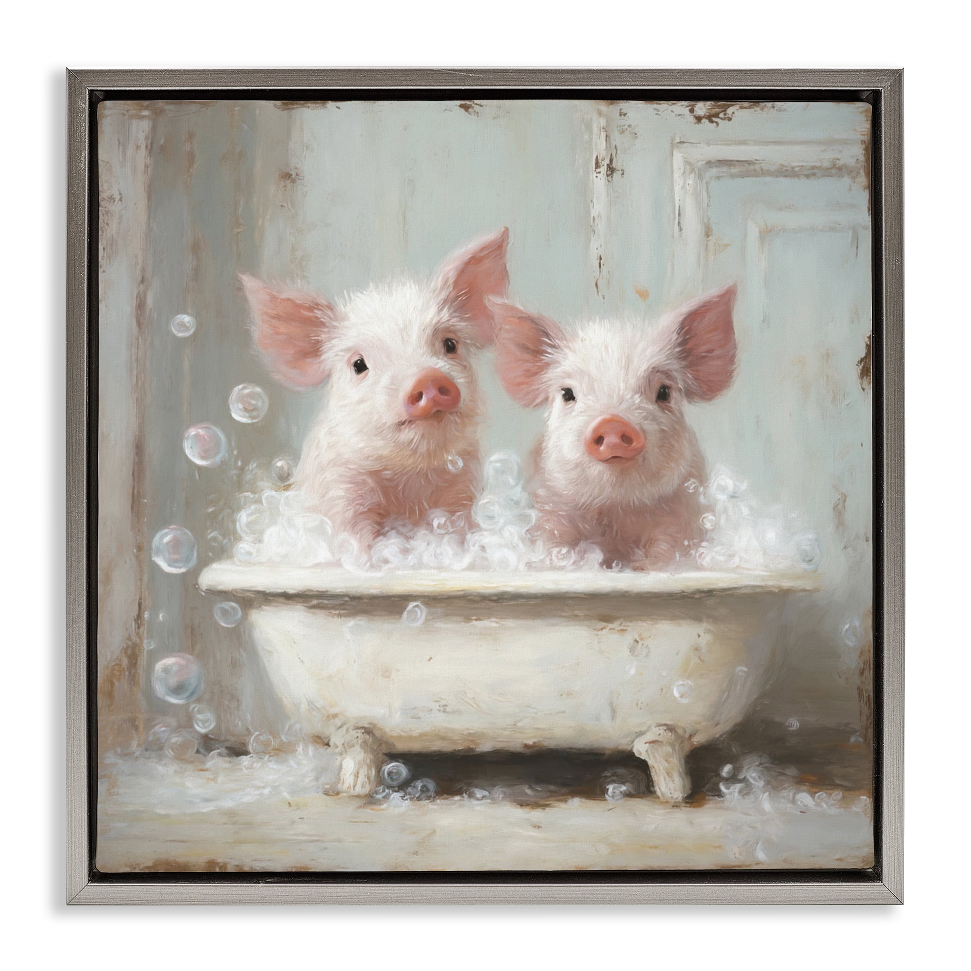 Stupell Industries Piglet Bubble Bath Gray Framed Floater Canvas Wall Art, design by Tina LeCour