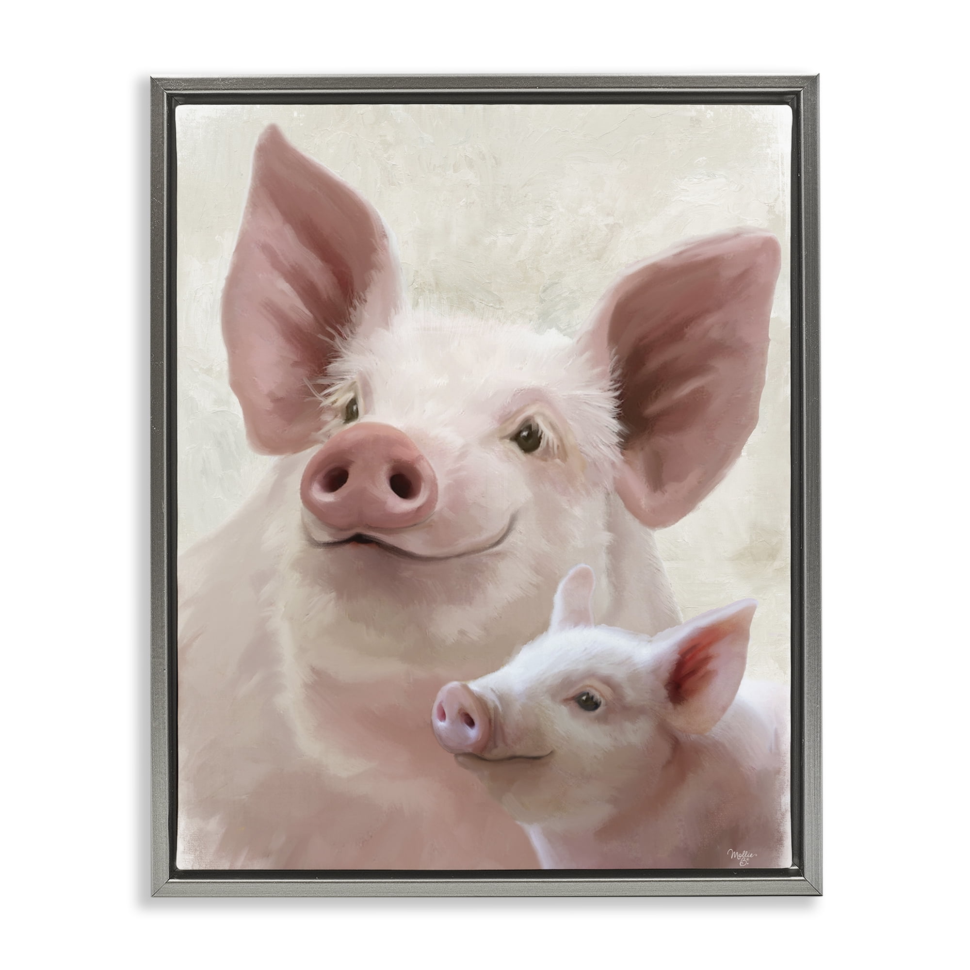 Stupell Industries Piglet & Mom Portrait Gray Framed Floater Canvas Wall Art, design by Mollie B.