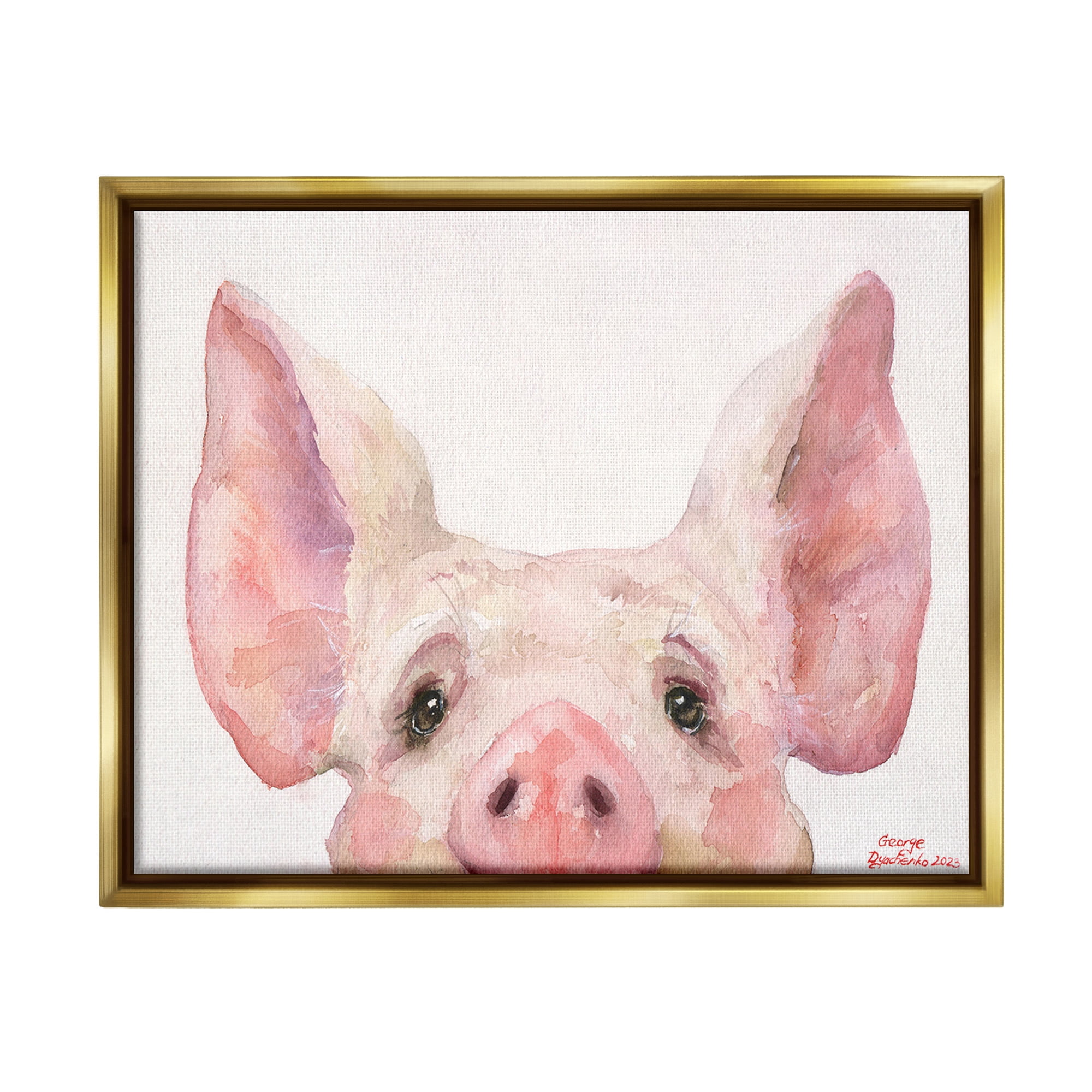 Stupell Industries Piglet Peeking Portrait Animals & Insects Painting Gold Floater Framed Canvas Art Print Wall Art, 21 x 17