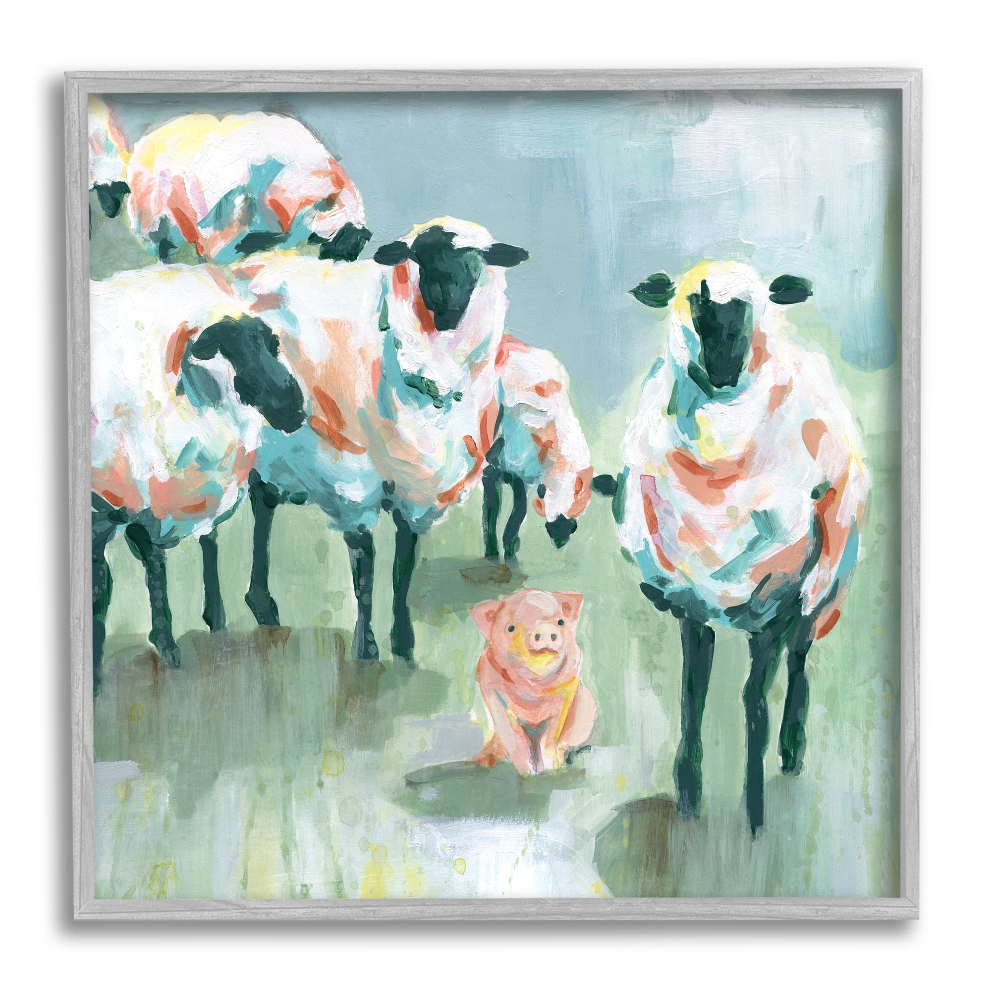 Stupell Industries Piglet in Flock of Sheep Adorable Farm Animal Animals & Insects Painting Gray Framed Art Print Wall Art, 12 x 12