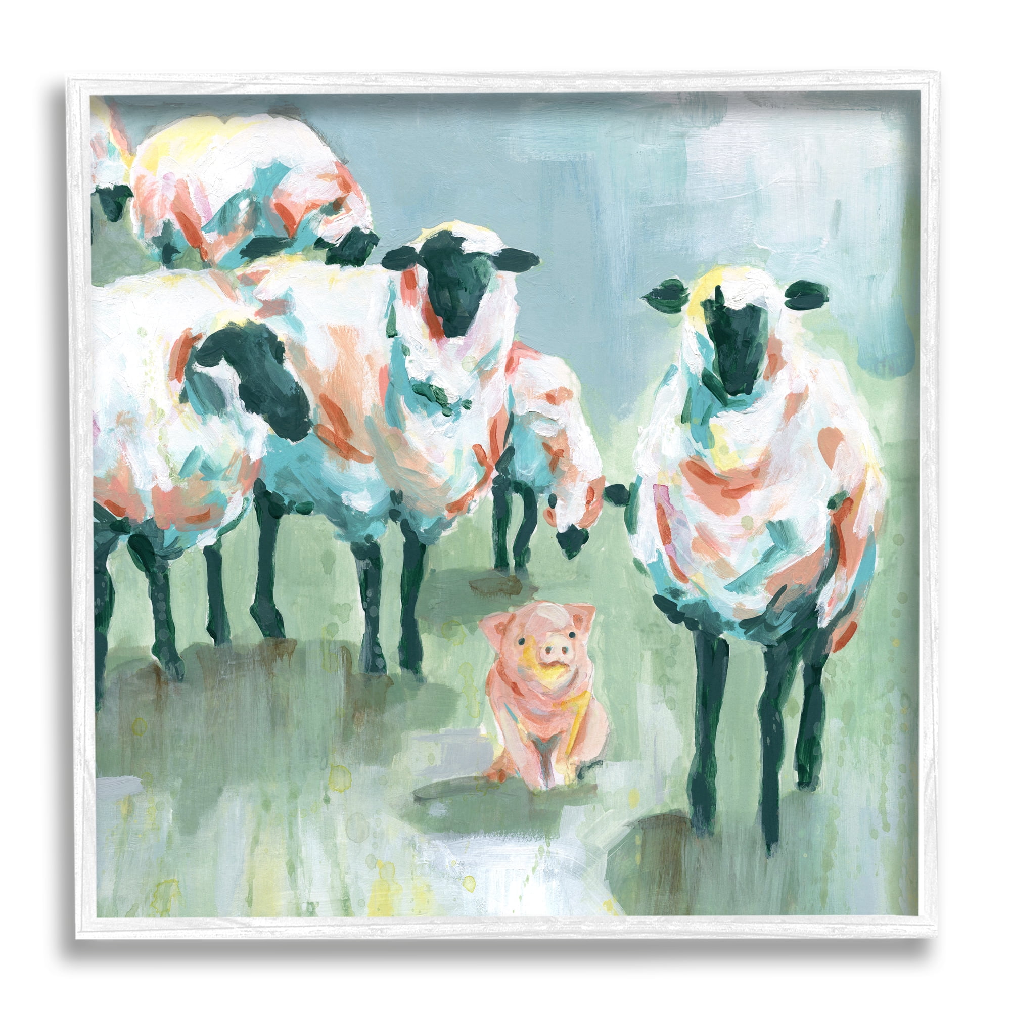 Stupell Industries Piglet in Flock of Sheep Adorable Farm Animal Animals & Insects Painting White Framed Art Print Wall Art, 12 x 12