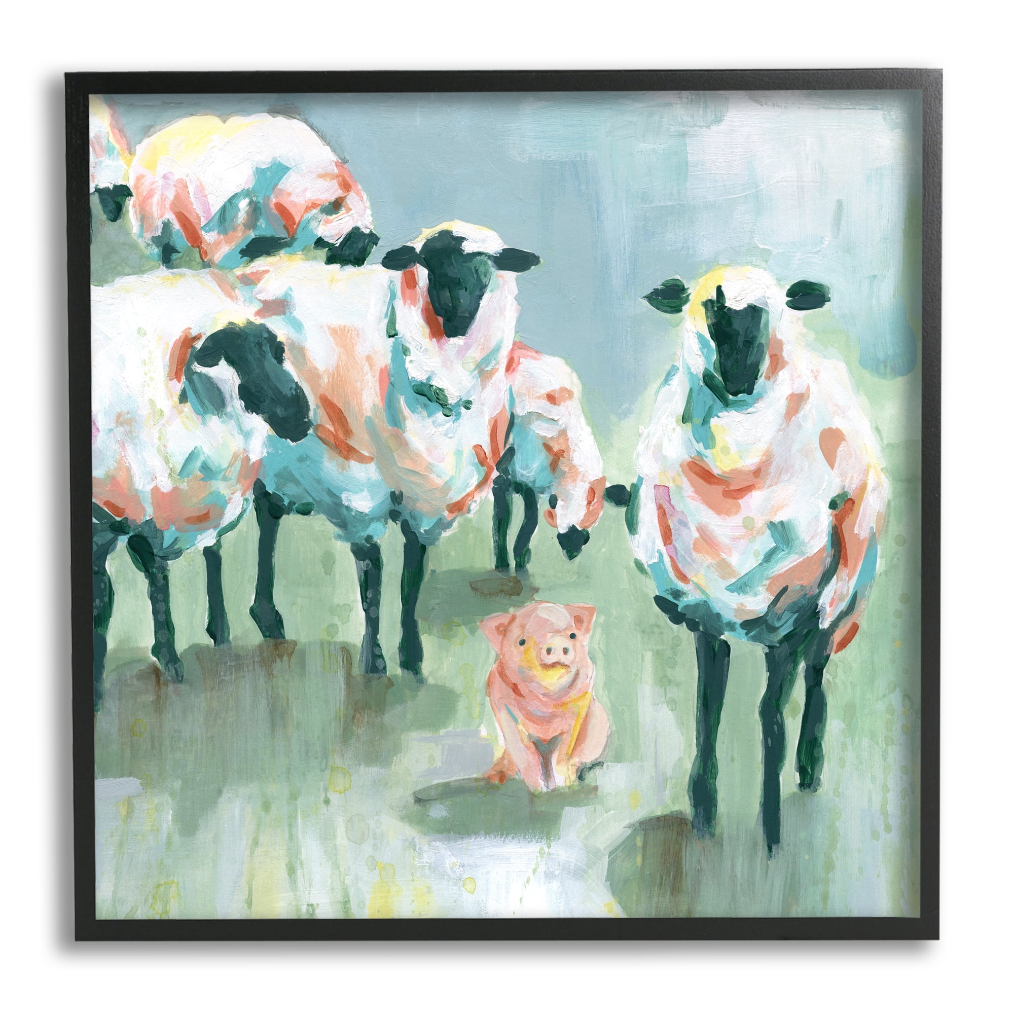 Stupell Industries Piglet in Flock of Sheep Adorable Farm Animal Modern Painting Black framed Art Print Wall Art, 24 x 24, Design by Carol Robinson