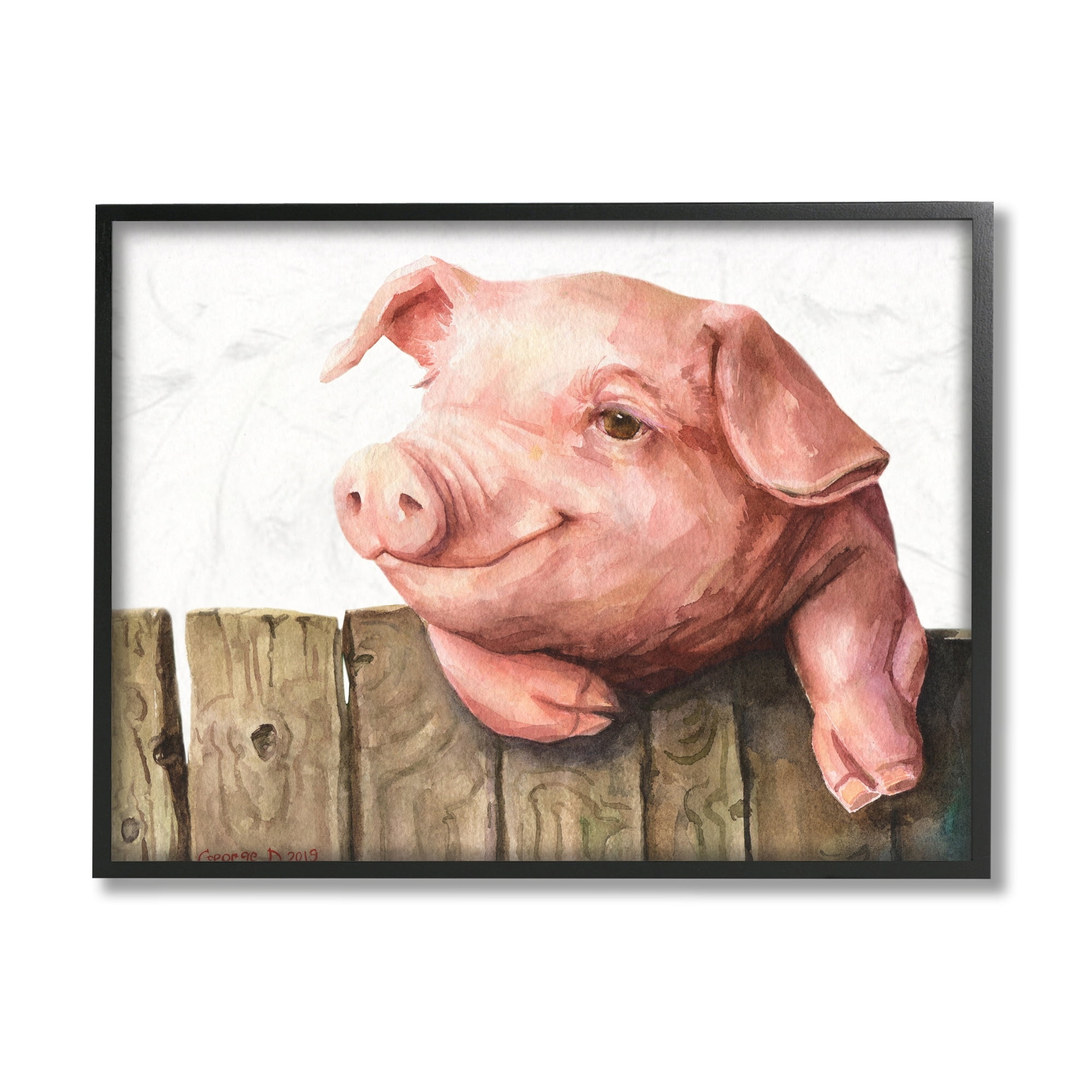 Stupell Industries Piglet on Wooden Fence Pink Farm Animal Black Framed, 11 x 14, Design by George Dyachenko