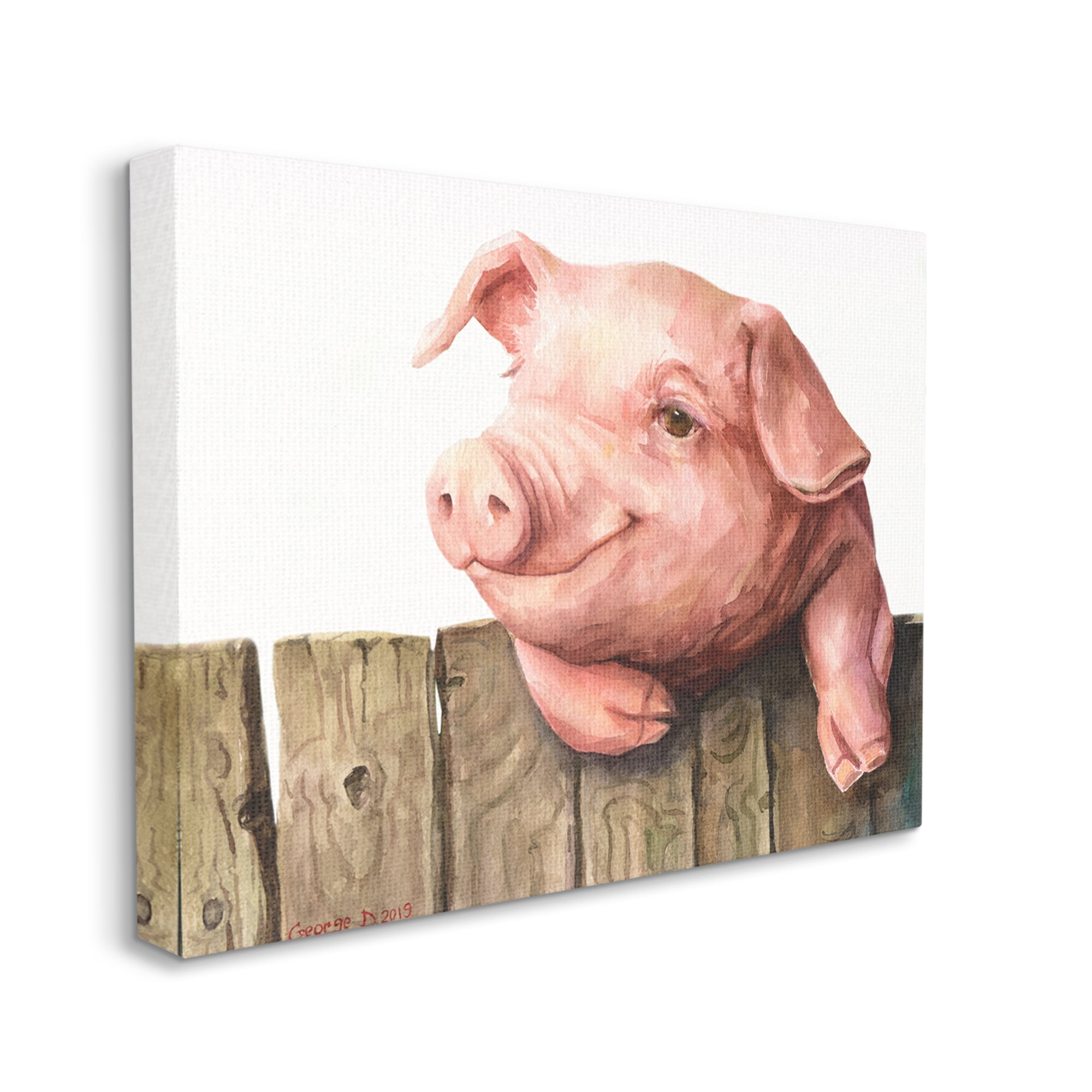 Stupell Industries Piglet on Wooden Fence Pink Farm Animal Canvas Wall Art, 36 x 48, Design by George Dyachenko