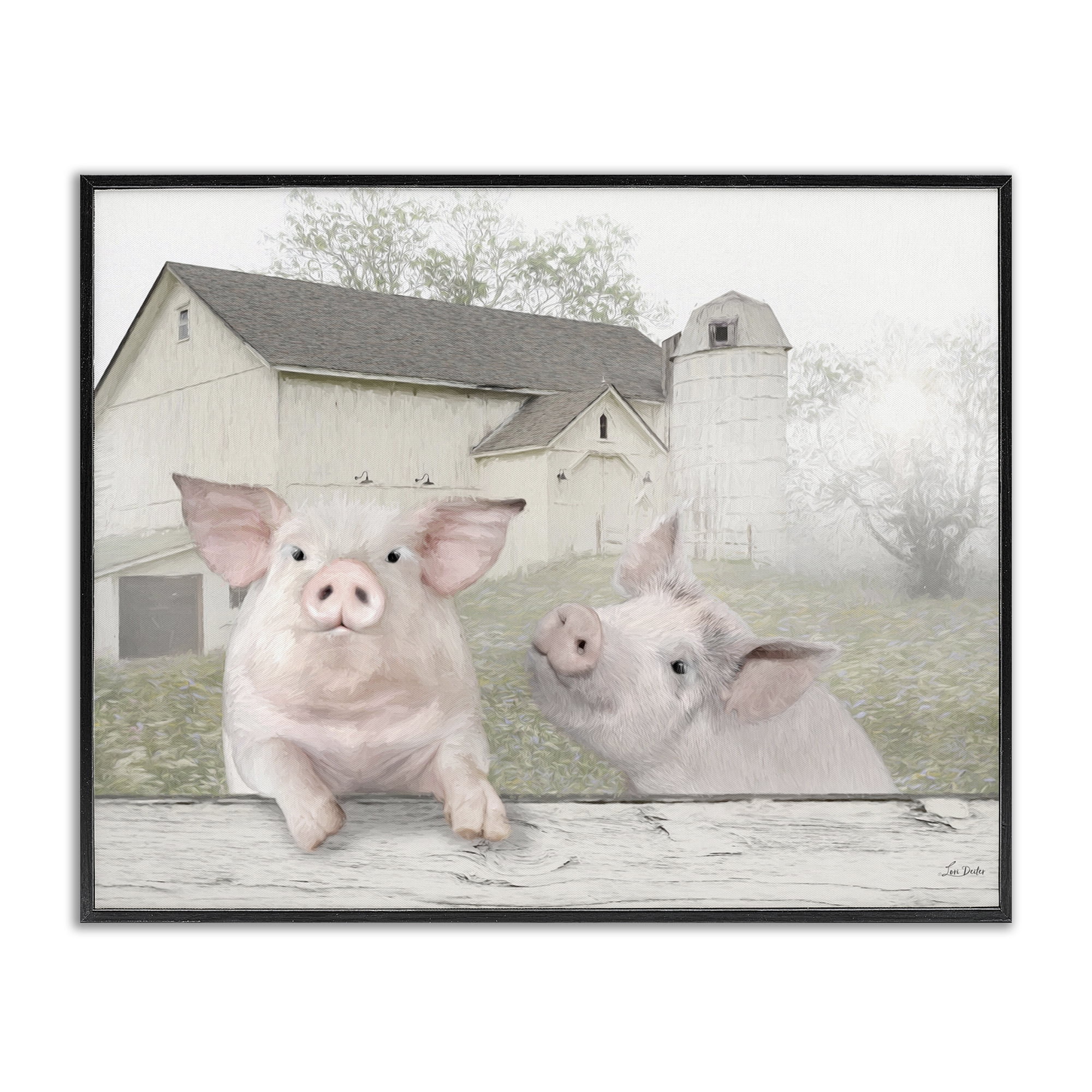 Farmhouse Piglets Print on Canvas with Black Frame, 14 x 11