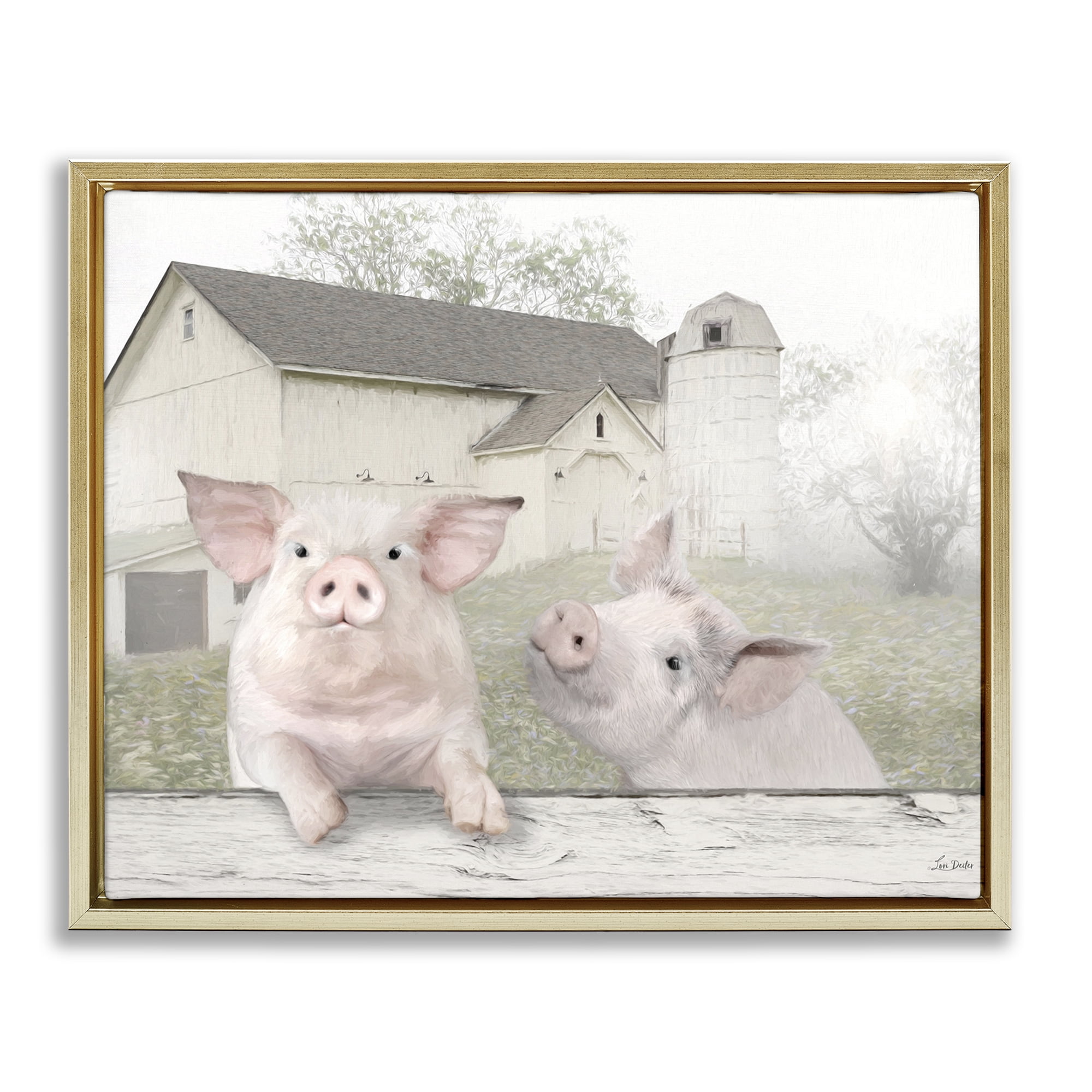 Stupell Industries Piglets Farm Scenery Animals & Insects Painting Gold Floater Framed Canvas Art Print Wall Art, 21 x 17