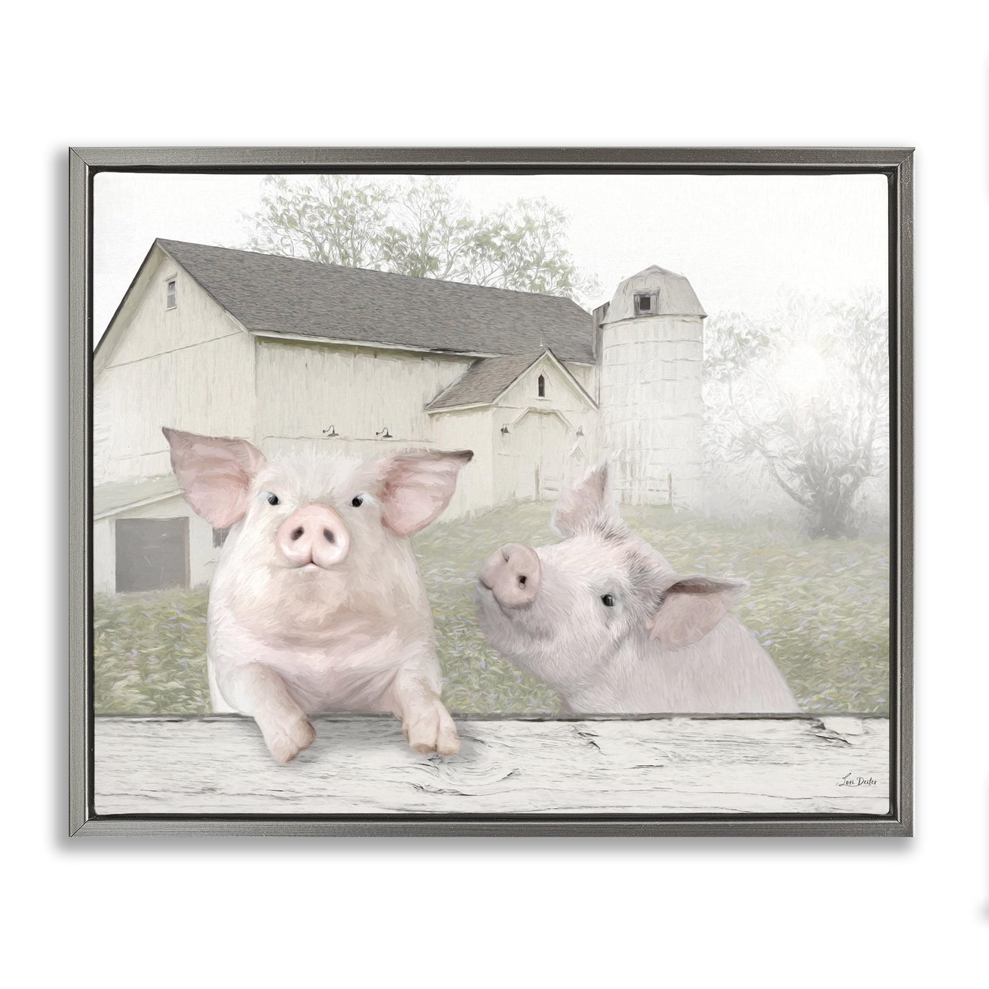 Stupell Industries Piglets Farm Scenery Animals & Insects Painting Gray Floater Framed Canvas Art Print Wall Art, 21 x 17