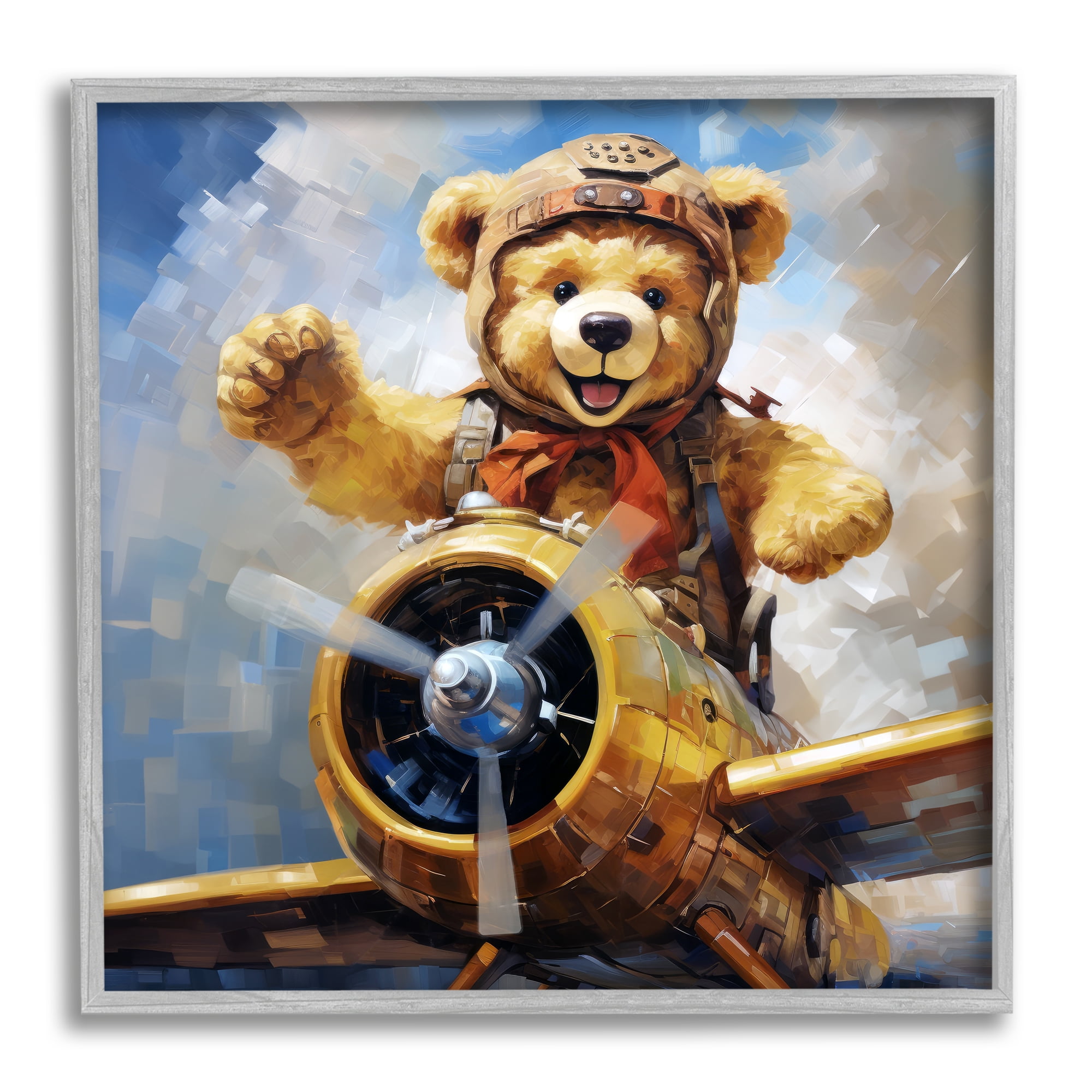 Stupell Industries Pilot Bear Flying Plane Animals & Insects Painting Gray Framed Art Print Wall Art, 24 x 24