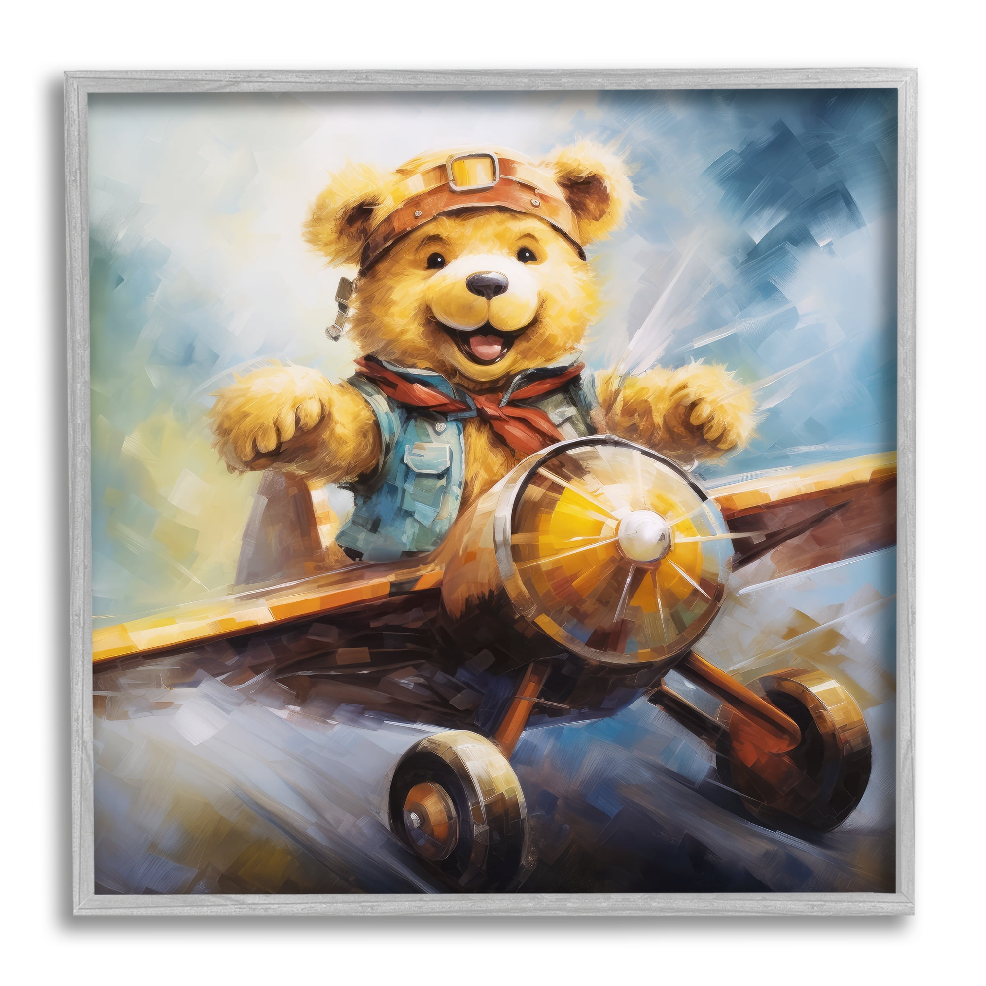 Stupell Industries Pilot Bear with Airplane Animals & Insects Painting Gray Framed Art Print Wall Art, 12 x 12