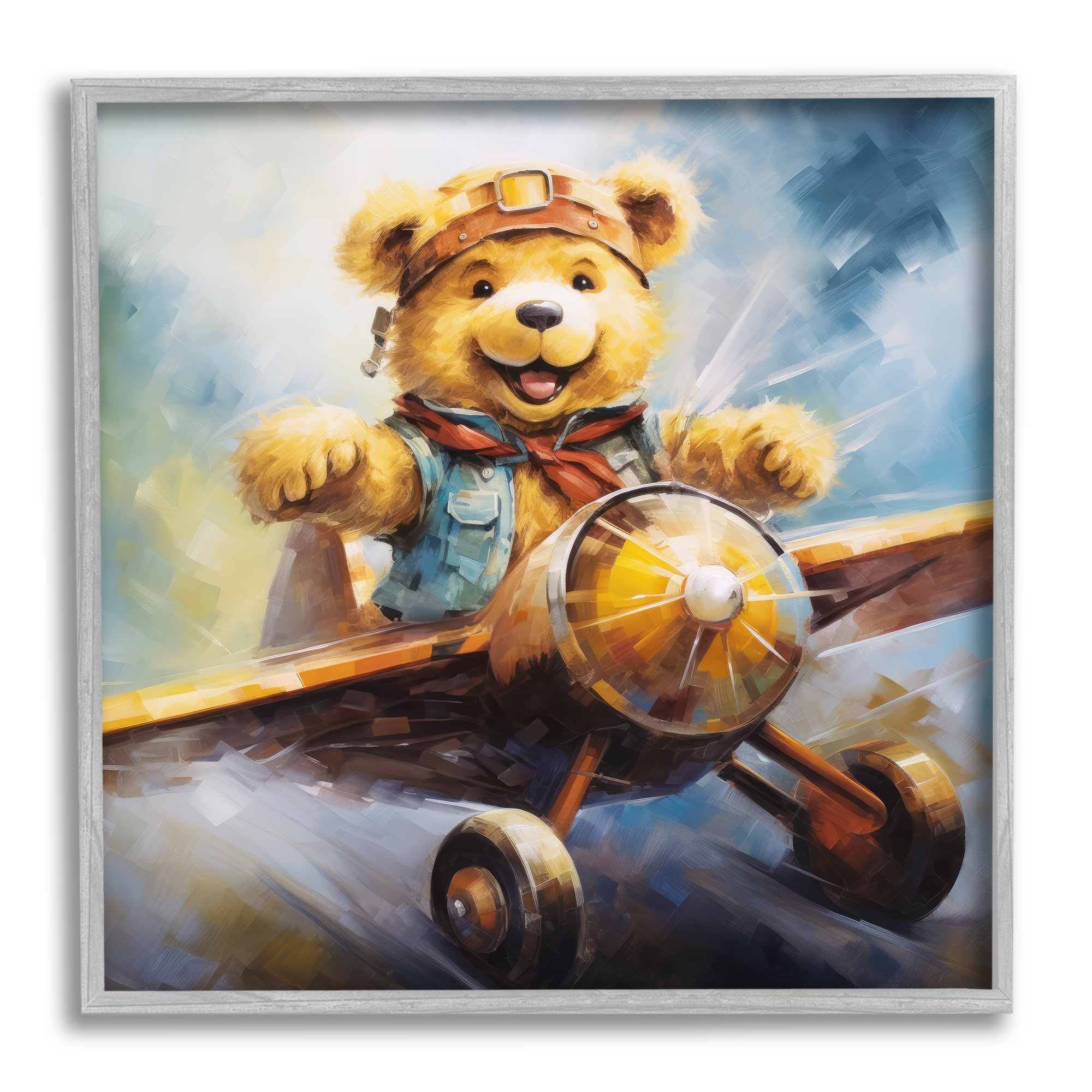 Stupell Industries Pilot Bear with Airplane Animals & Insects Painting Gray Framed Art Print Wall Art, 17 x 17