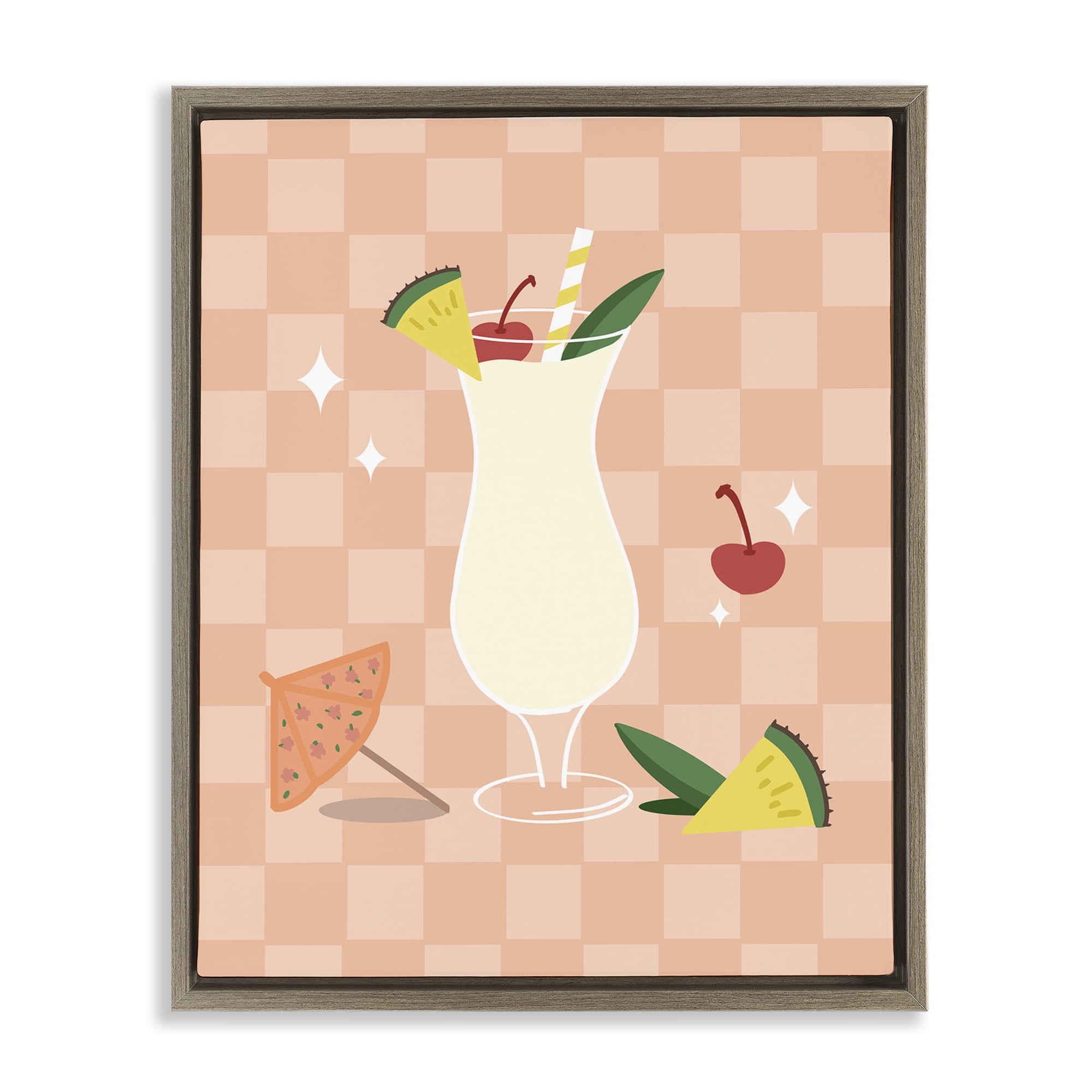 Stupell Industries Pina Colada on Checkered Food & Beverage Painting Brown Floater Framed Canvas Art Print Wall Art, 17 x 21