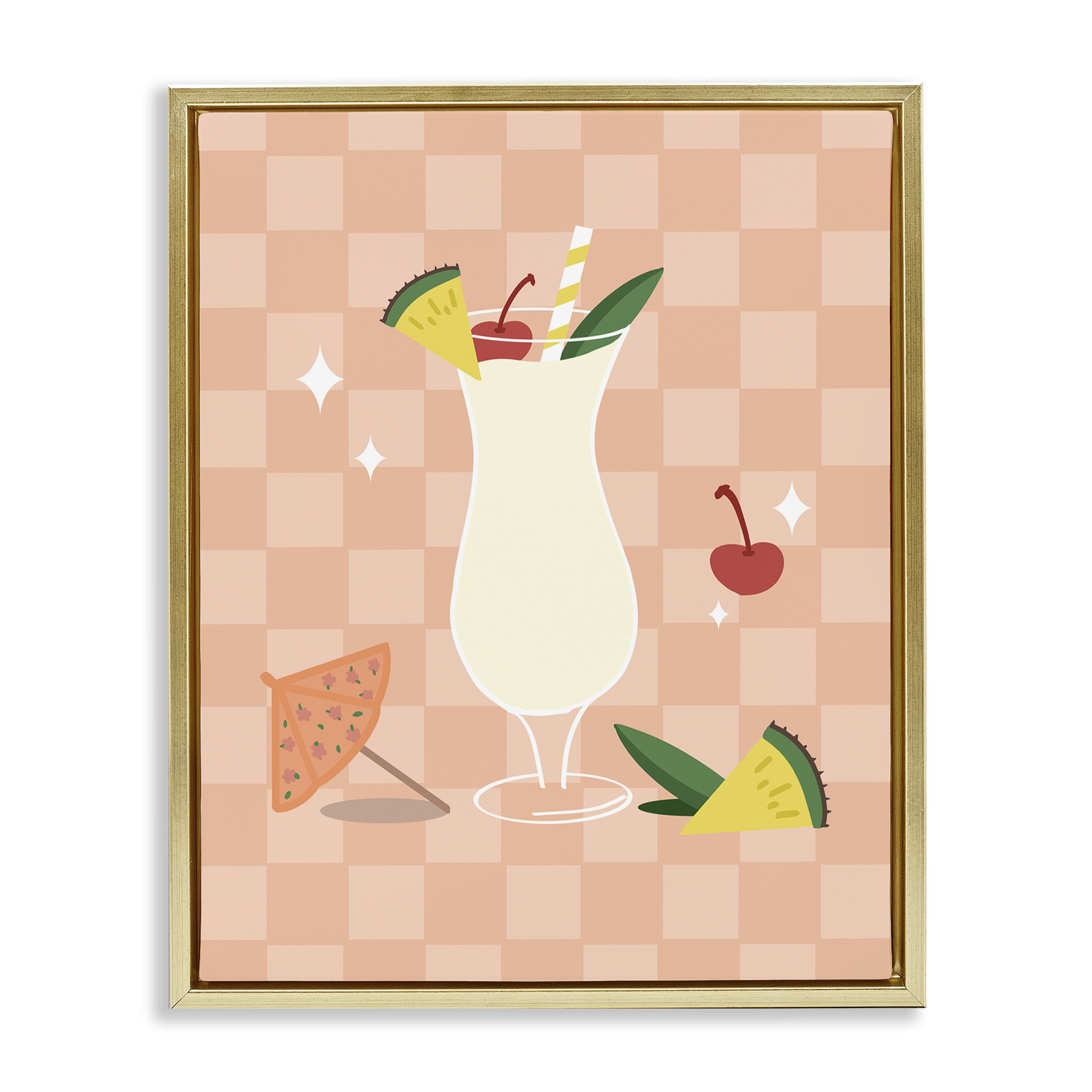 Stupell Industries Pina Colada on Checkered Food & Beverage Painting Gold Floater Framed Canvas Art Print Wall Art, 25 x 31