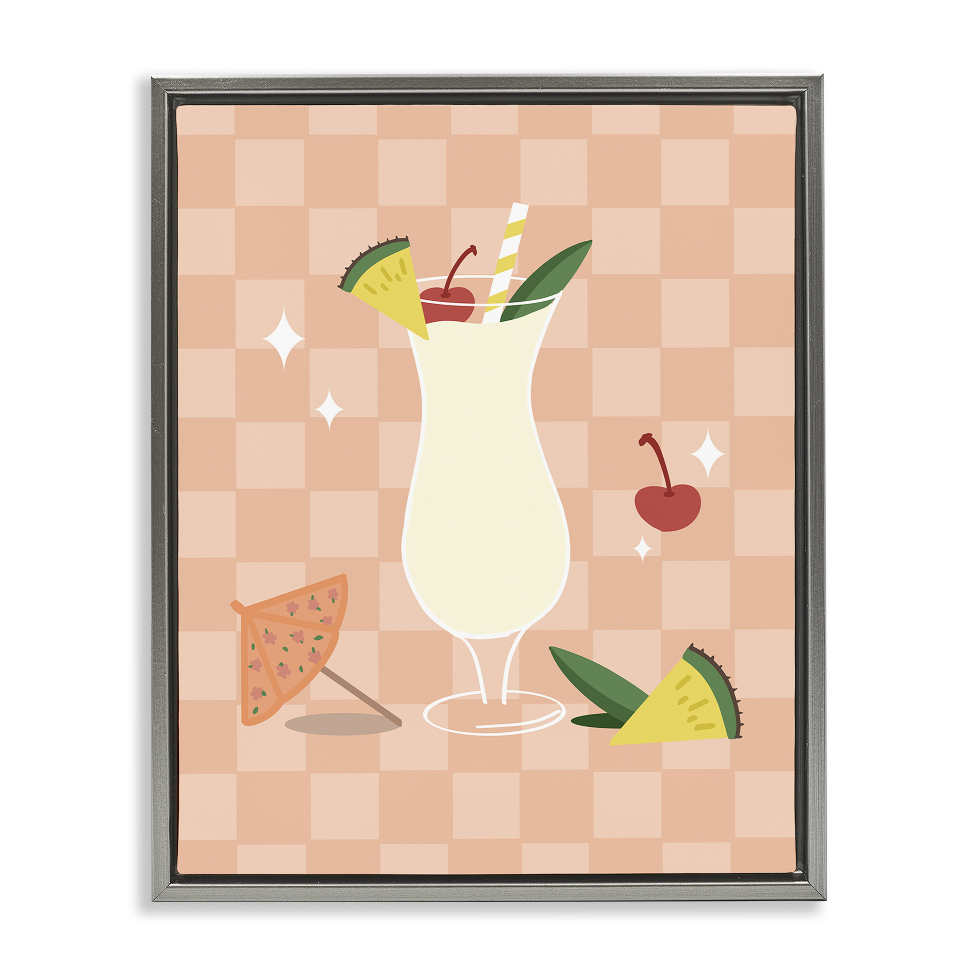 Stupell Industries Pina Colada on Checkered Food & Beverage Painting Gray Floater Framed Canvas Art Print Wall Art, 25 x 31