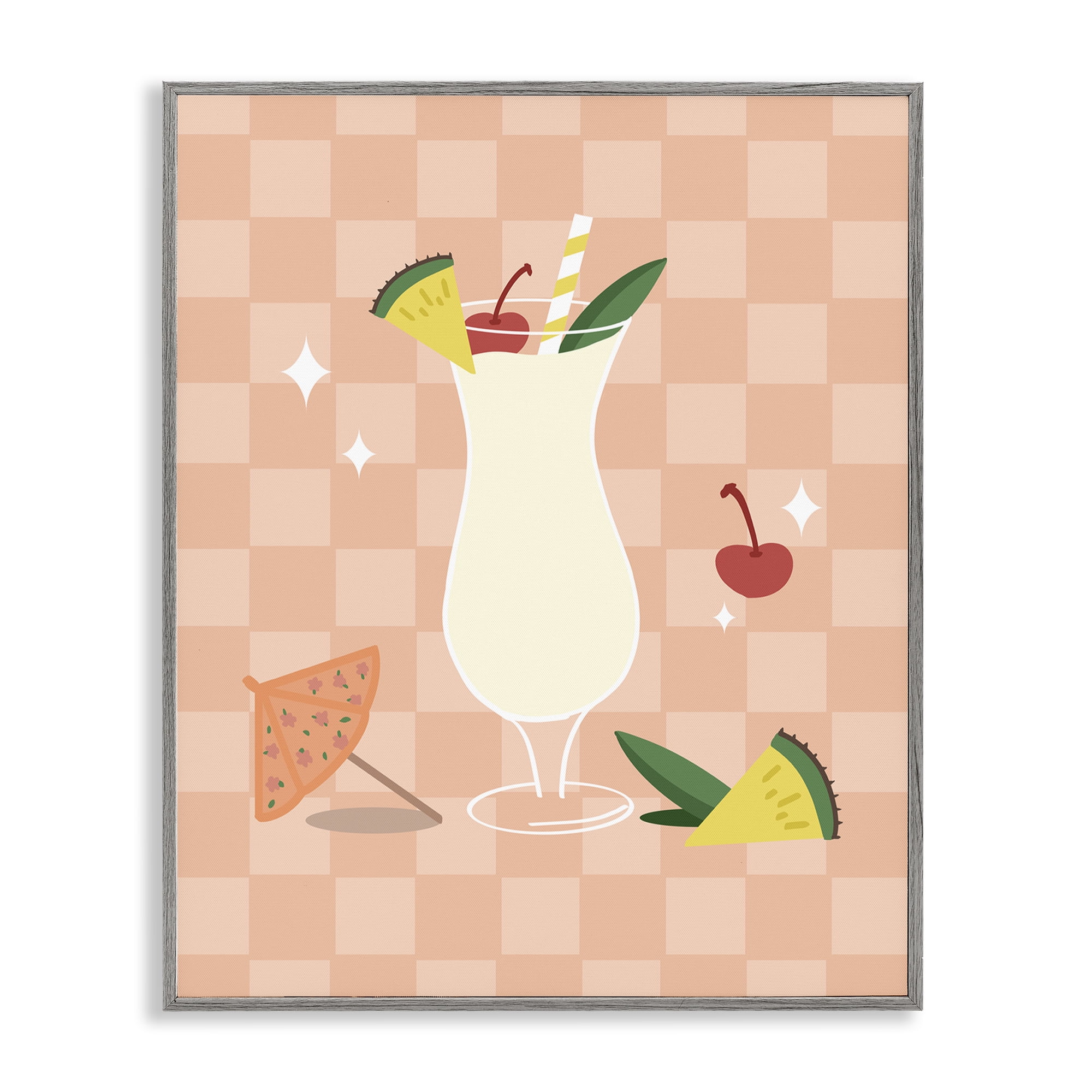 Stupell Industries Pina Colada on Checkered Food & Beverage Painting Gray Framed Art Print Wall Art, 11 x 14