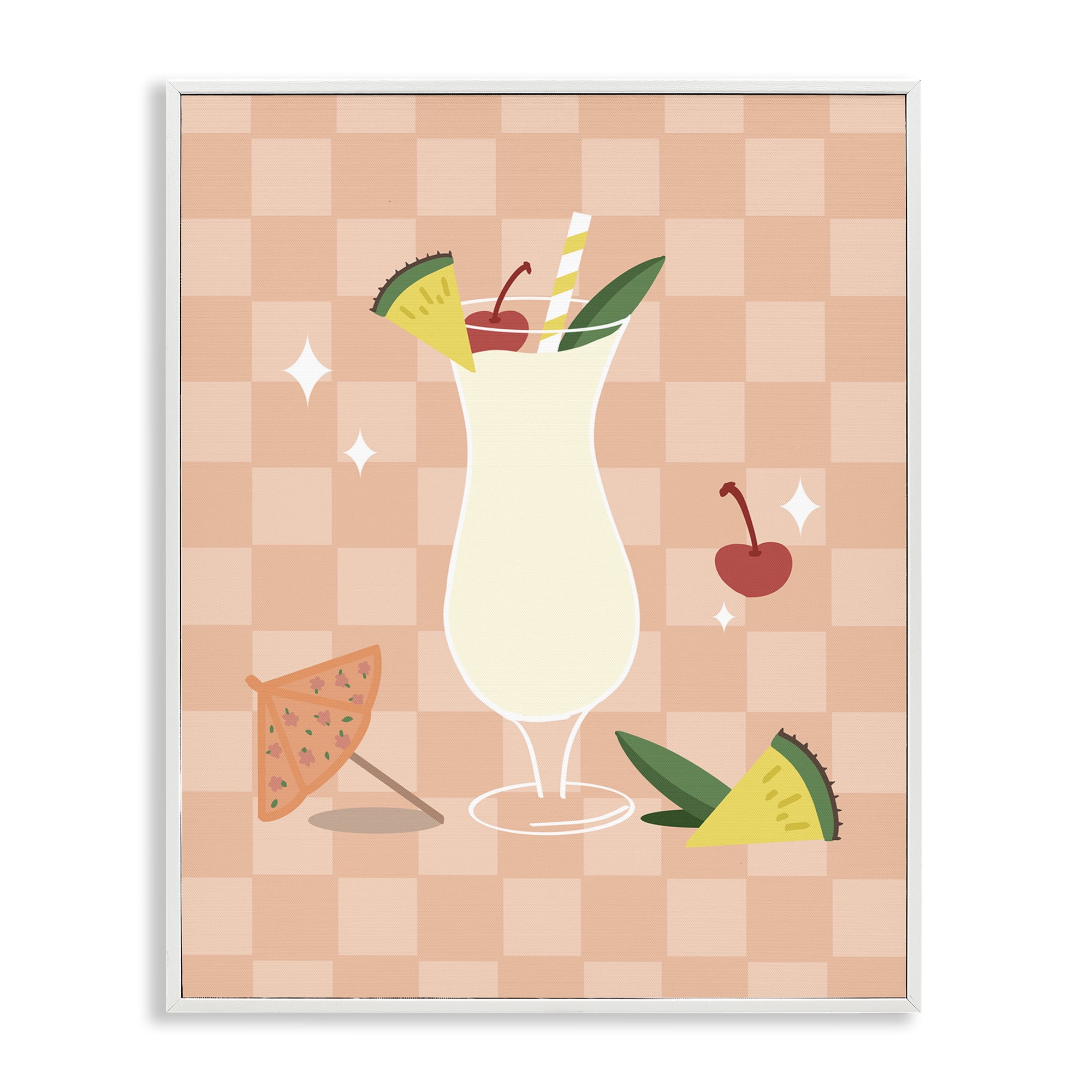 Stupell Industries Pina Colada on Checkered Food & Beverage Painting White Framed Art Print Wall Art, 16 x 20