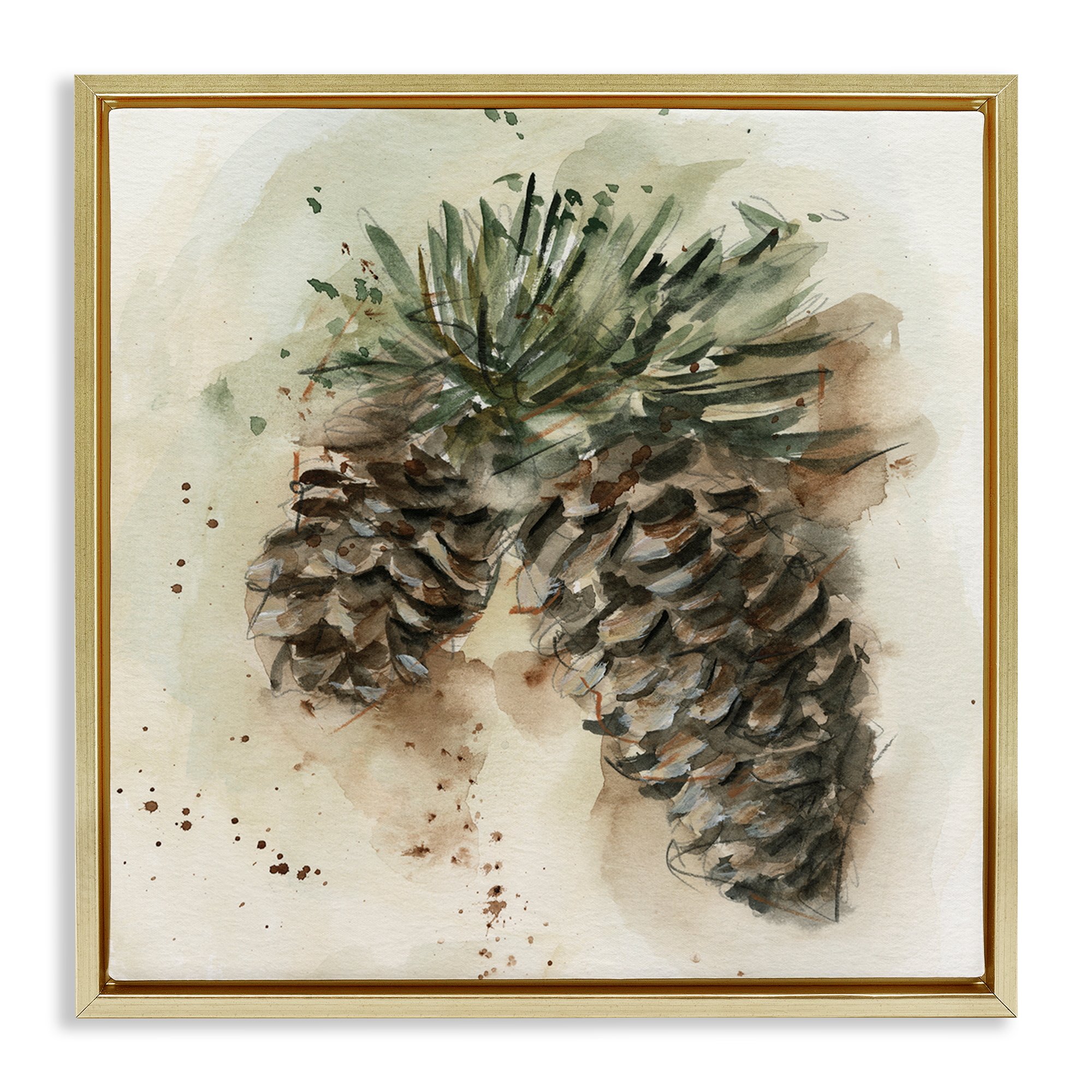 Stupell Industries Pine Cone Watercolor Plants & Flowers Painting Gold Floater Framed Canvas Art Print Wall Art, 18 x 18