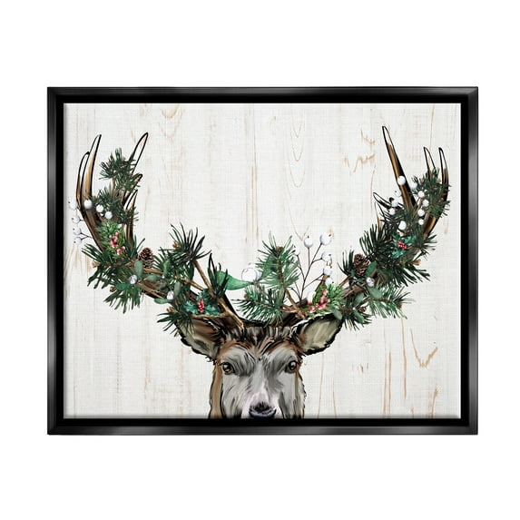 Stupell Industries Pine Garland Deer Antlers Holiday Painting Black Floater Framed Art Print Wall Art, 21 x 17