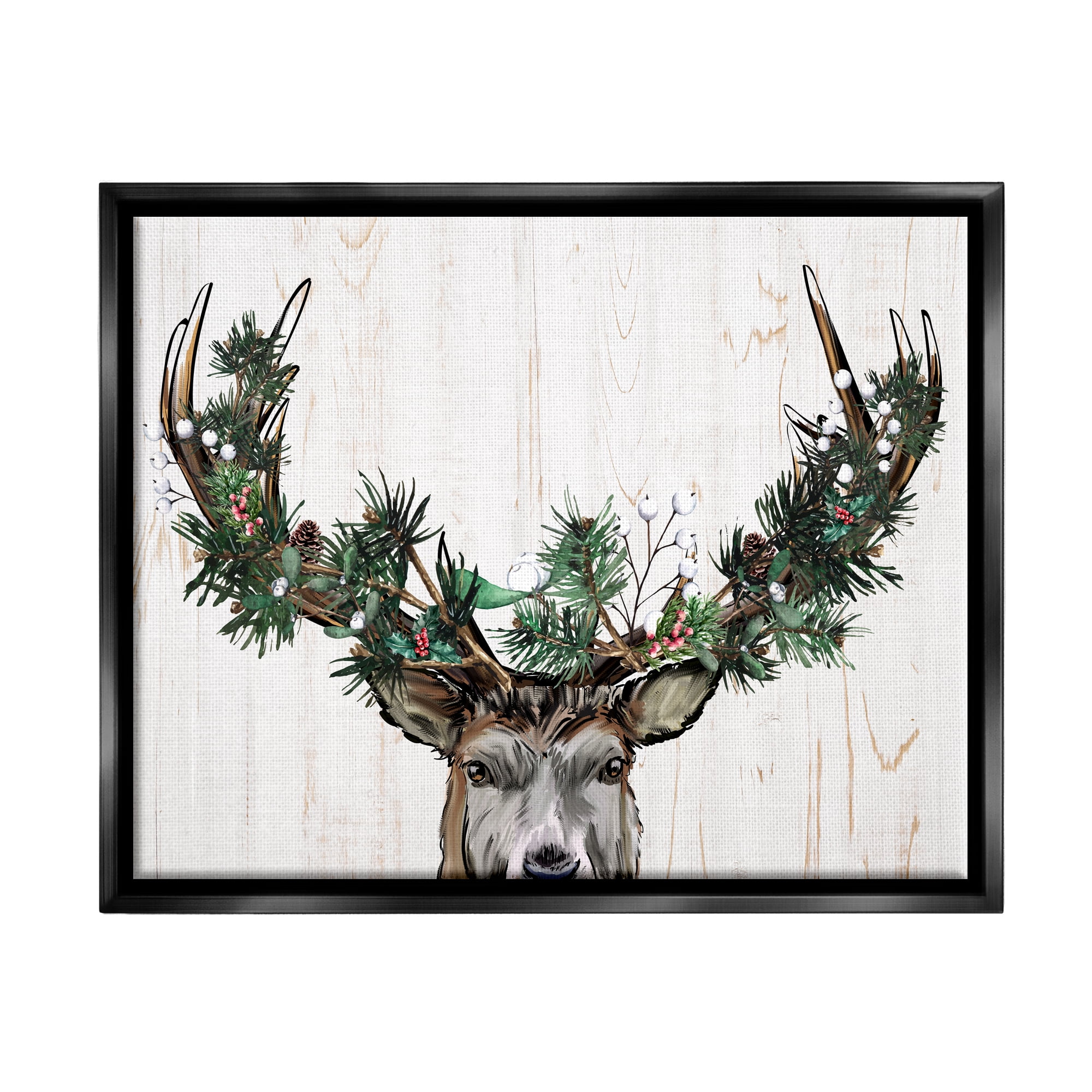 Stupell Industries Pine Garland Deer Antlers Holiday Painting Black Floater Framed Art Print Wall Art, 31 x 25