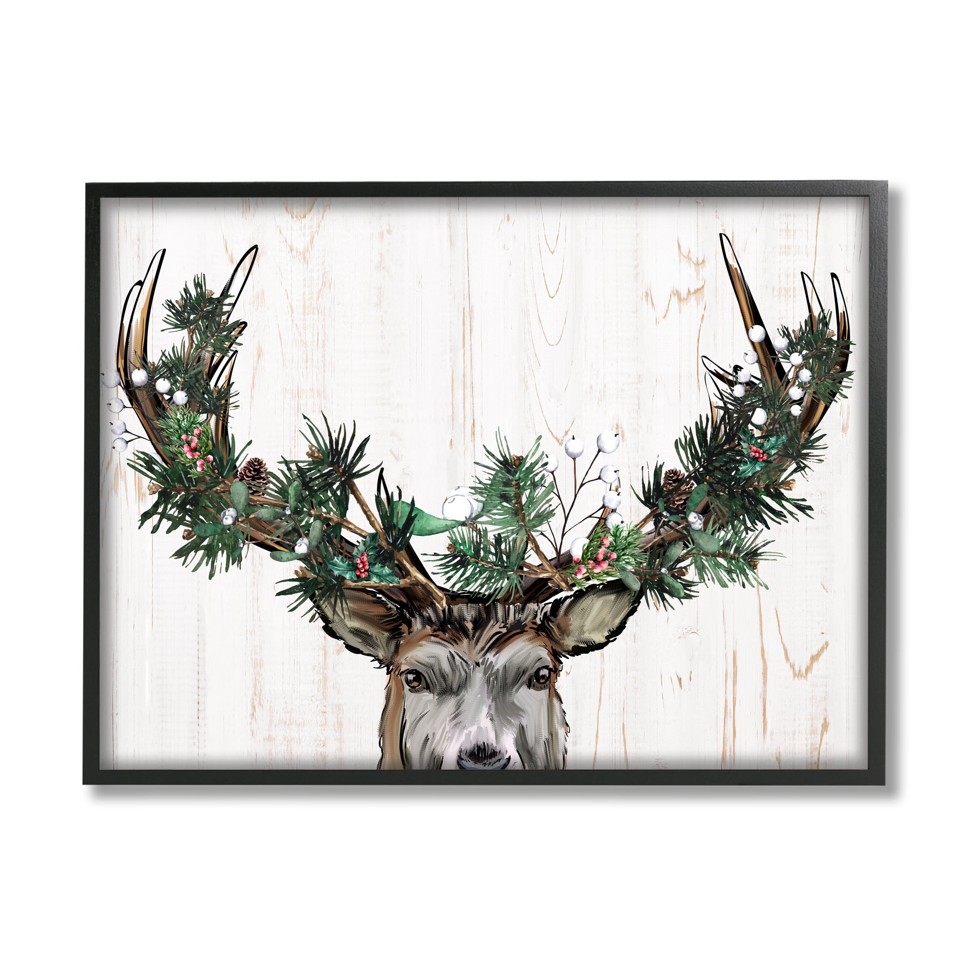 Stupell Industries Pine Garland Deer Antlers Holiday Painting Black Framed Art Print Wall Art, 14 x 11