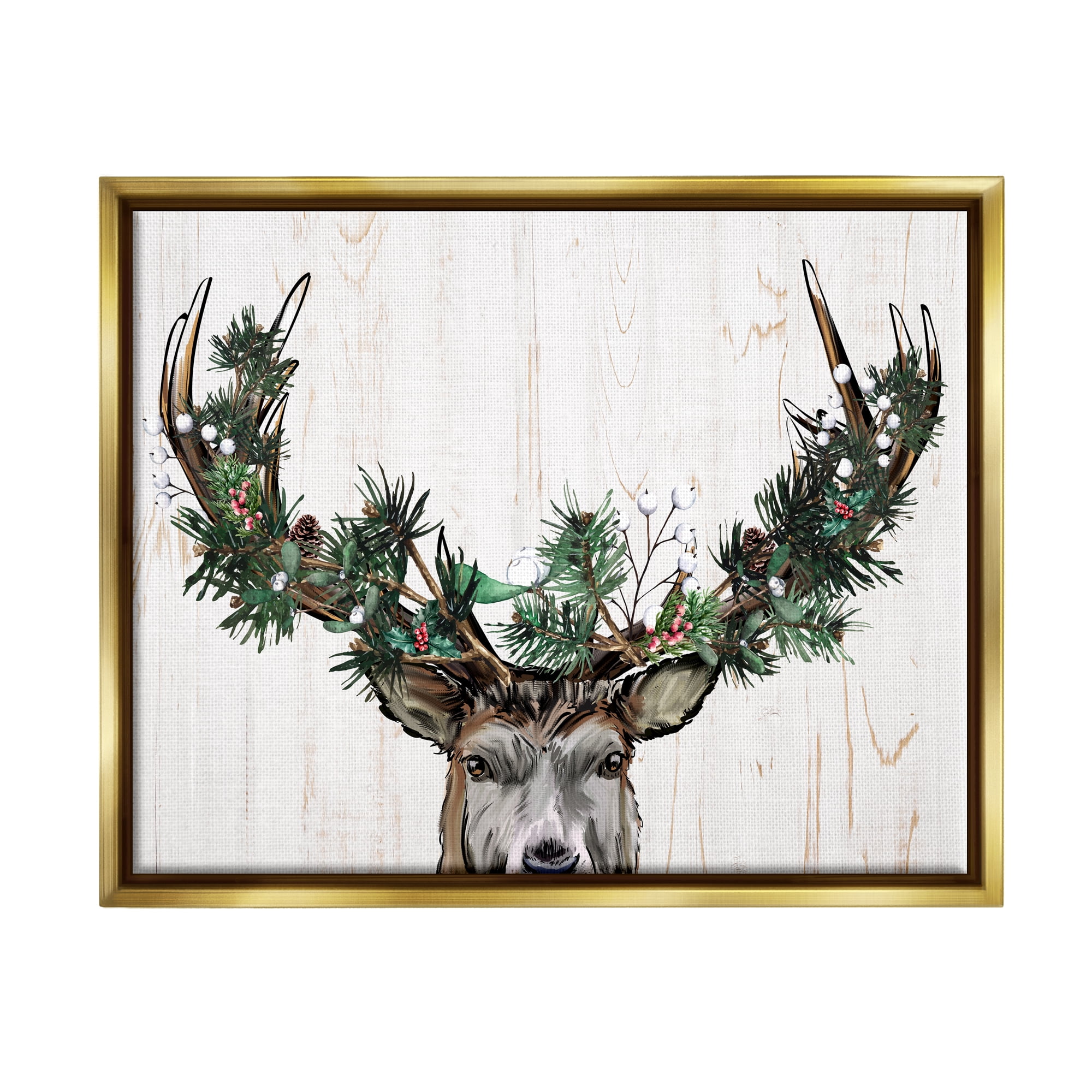 Stupell Industries Pine Garland Deer Antlers Holiday Painting Gold Floater Framed Art Print Wall Art, 31 x 25