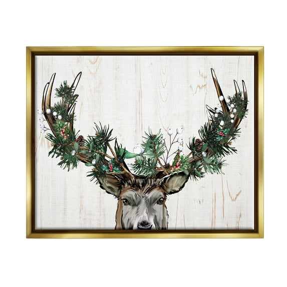 Stupell Industries Pine Garland Deer Antlers Holiday Painting Gold Floater Framed Art Print Wall Art, 31 x 25