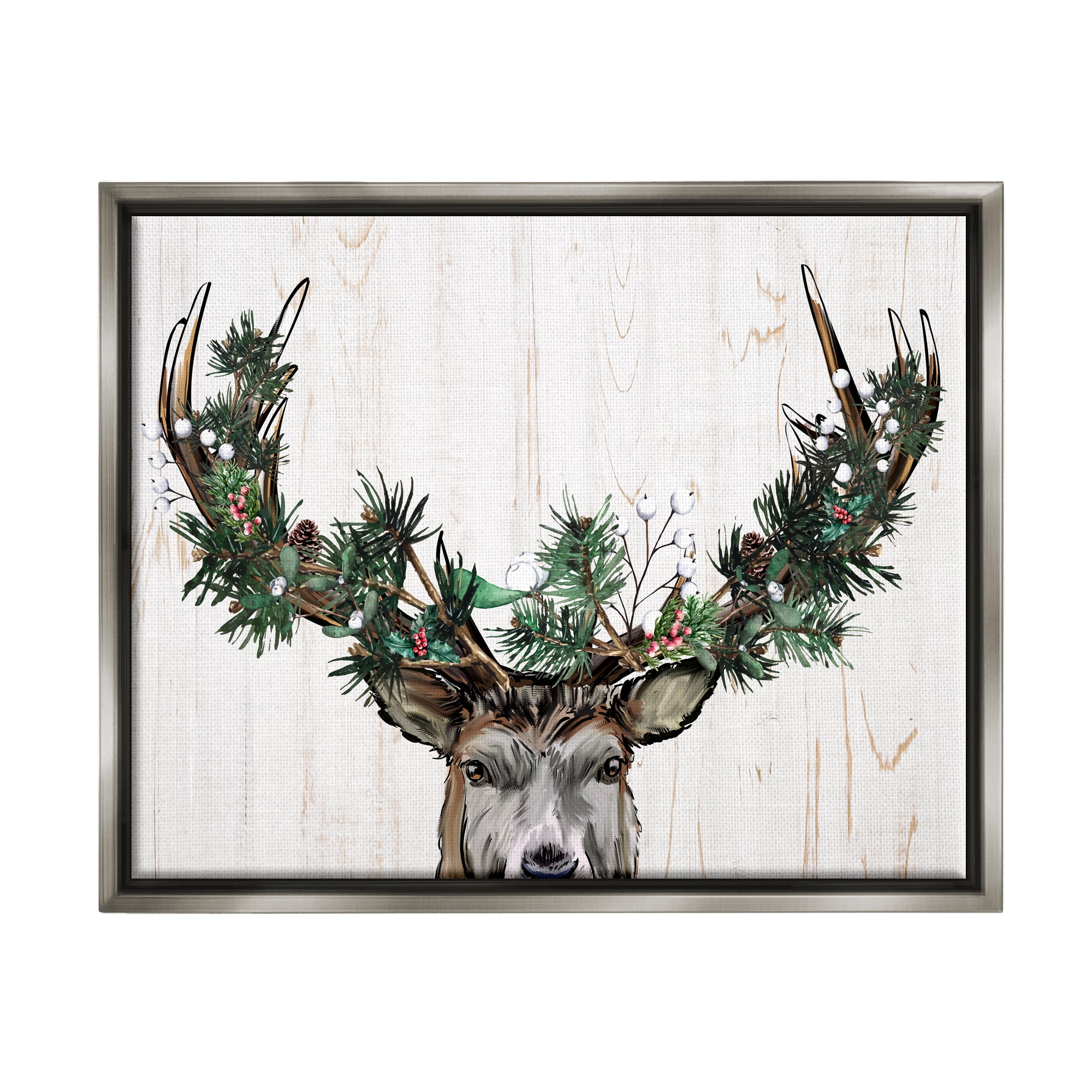 Stupell Industries Pine Garland Deer Antlers Holiday Painting Gray Floater Framed Art Print Wall Art, 31 x 25