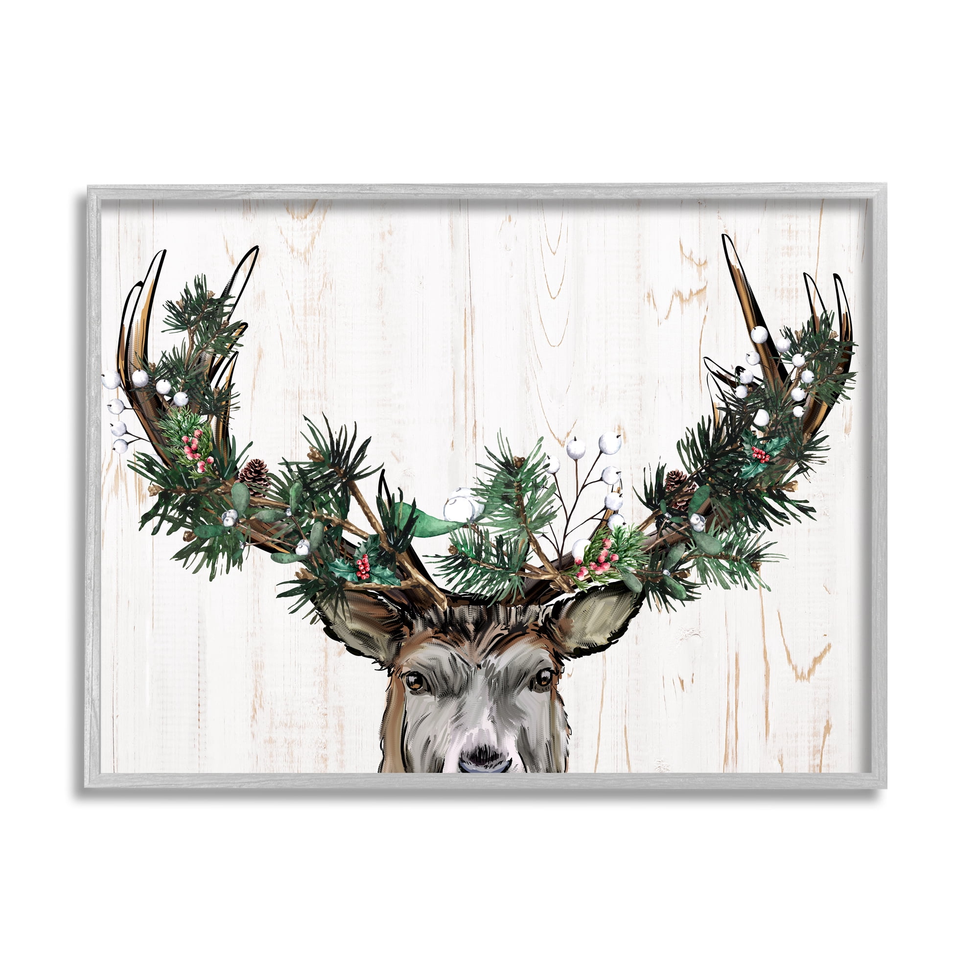 Stupell Industries Pine Garland Deer Antlers Holiday Painting Gray Framed Art Print Wall Art, 14 x 11