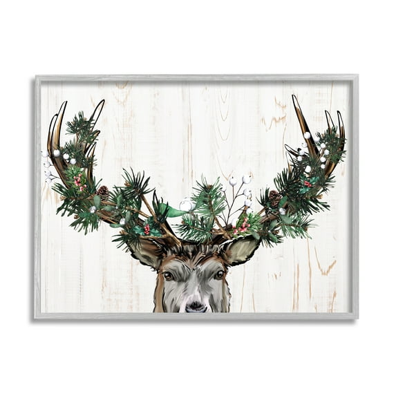 Stupell Industries Pine Garland Deer Antlers Holiday Painting Gray Framed Art Print Wall Art, 20 x 16