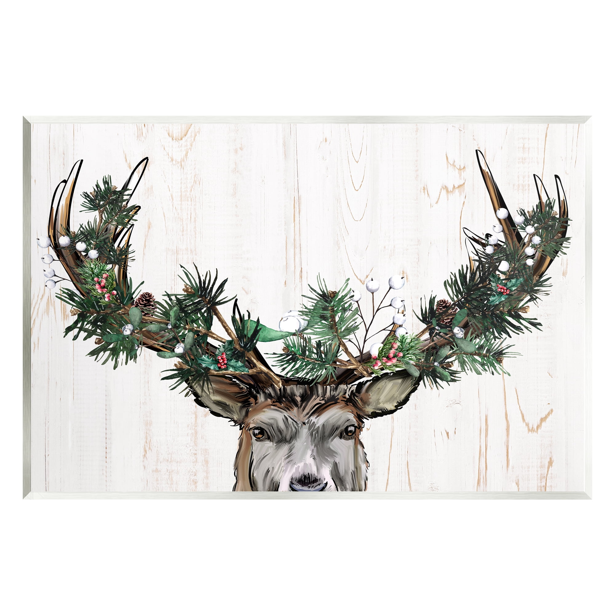 Stupell Industries Pine Garland Deer Antlers Holiday Painting Unframed Art Print Wall Art, 19 x 13