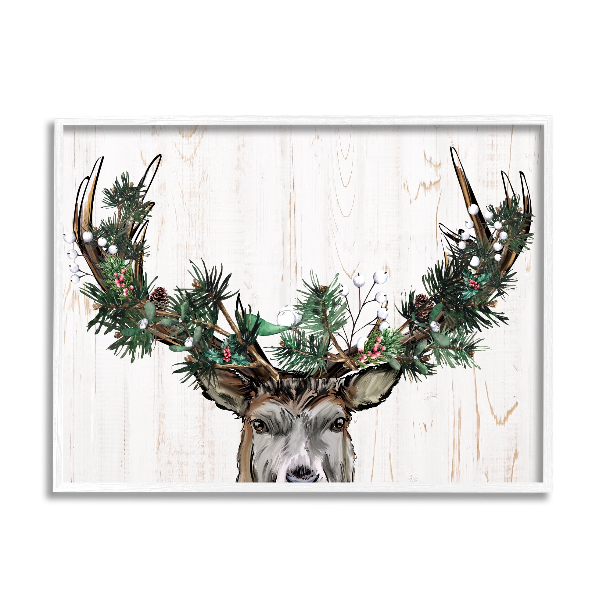 Stupell Industries Pine Garland Deer Antlers Holiday Painting White Framed Art Print Wall Art, 14 x 11