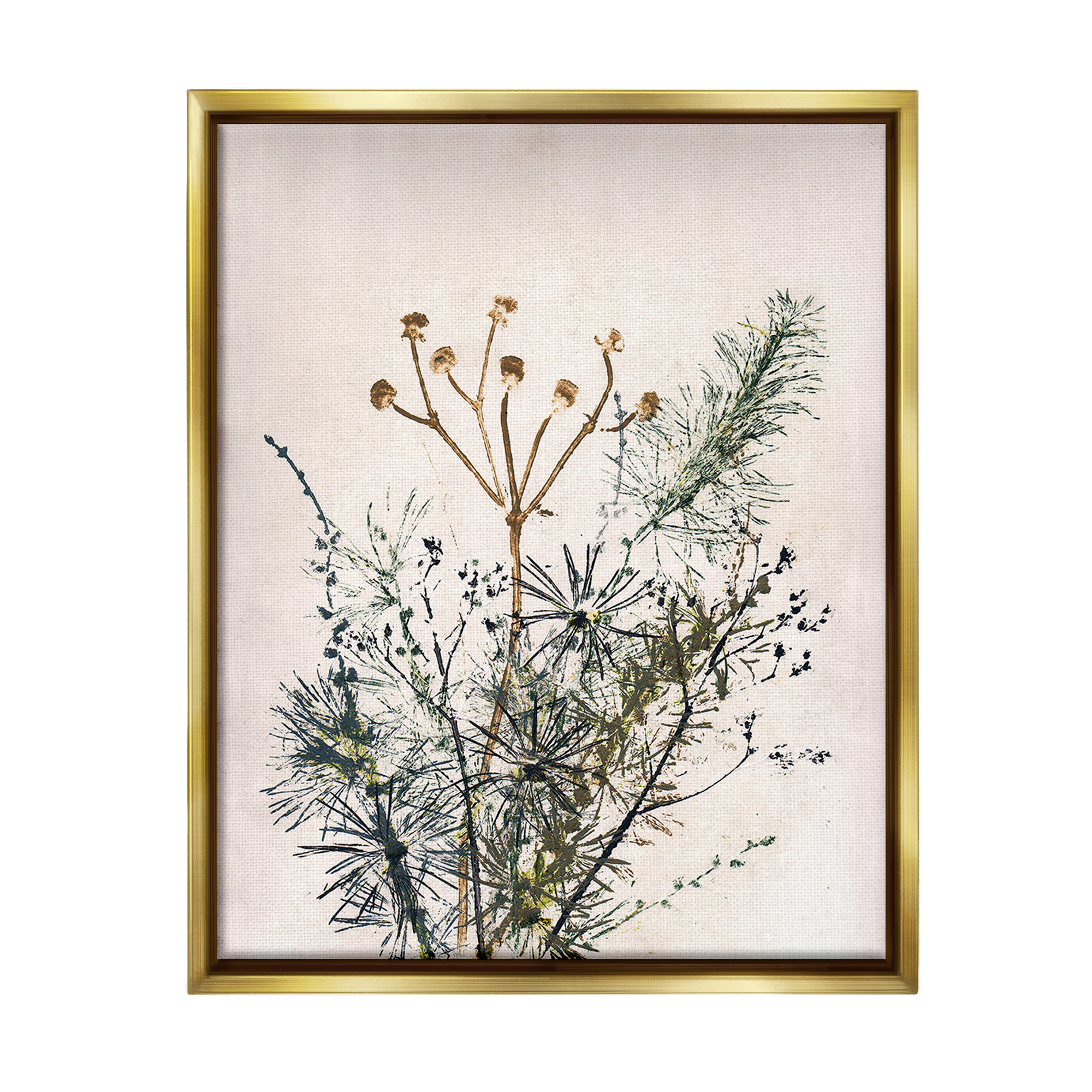 Stupell Industries Pine Needles Impression Botanical & Floral Painting Gold Floater Framed Canvas Art Print Wall Art, 17 x 21
