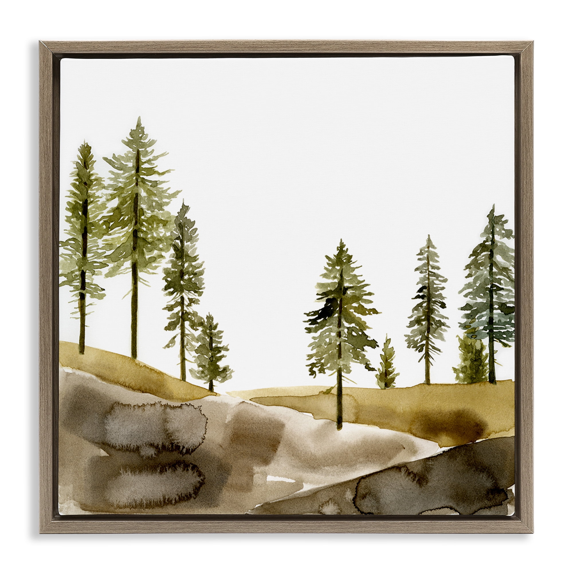 Stupell Industries Pine Tree Forest Watercolor Landscape Painting Brown Floater Framed Canvas Art Print Wall Art, 18 x 18