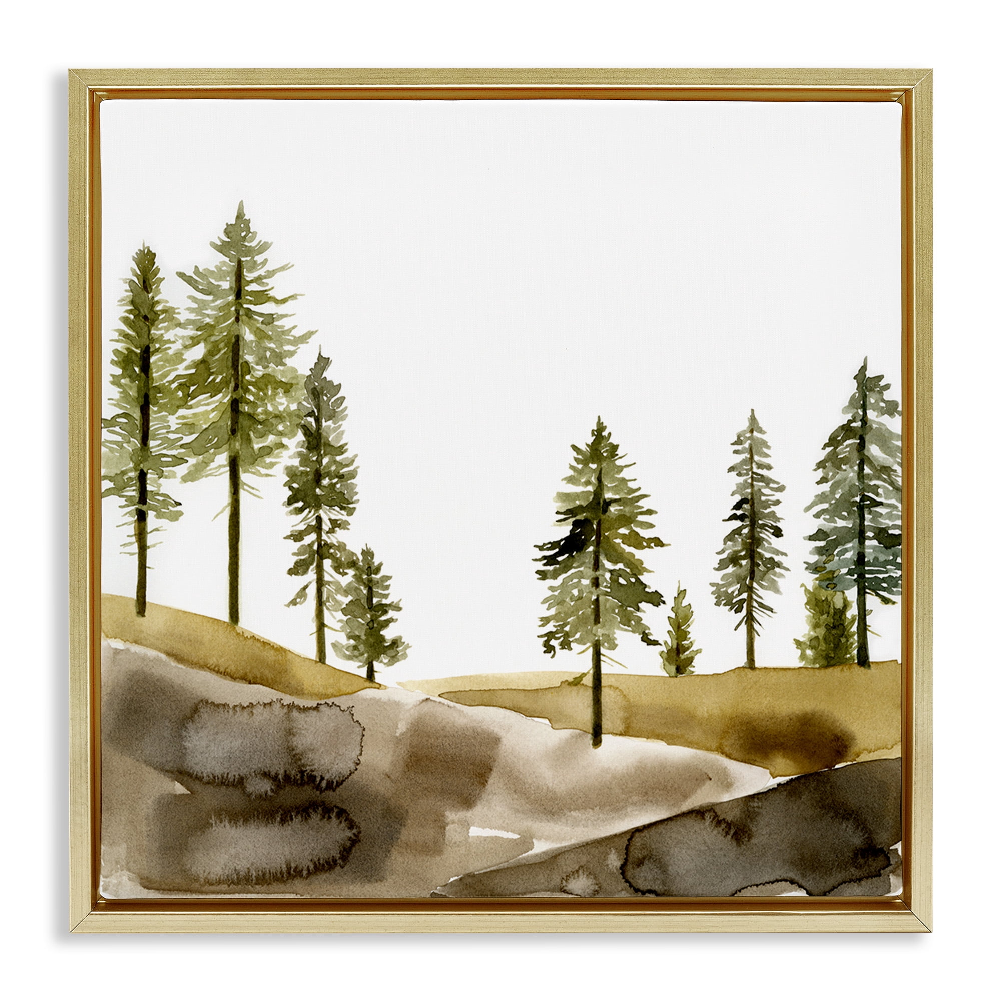 Stupell Industries Pine Tree Forest Watercolor Landscape Painting Gold Floater Framed Canvas Art Print Wall Art, 25 x 25
