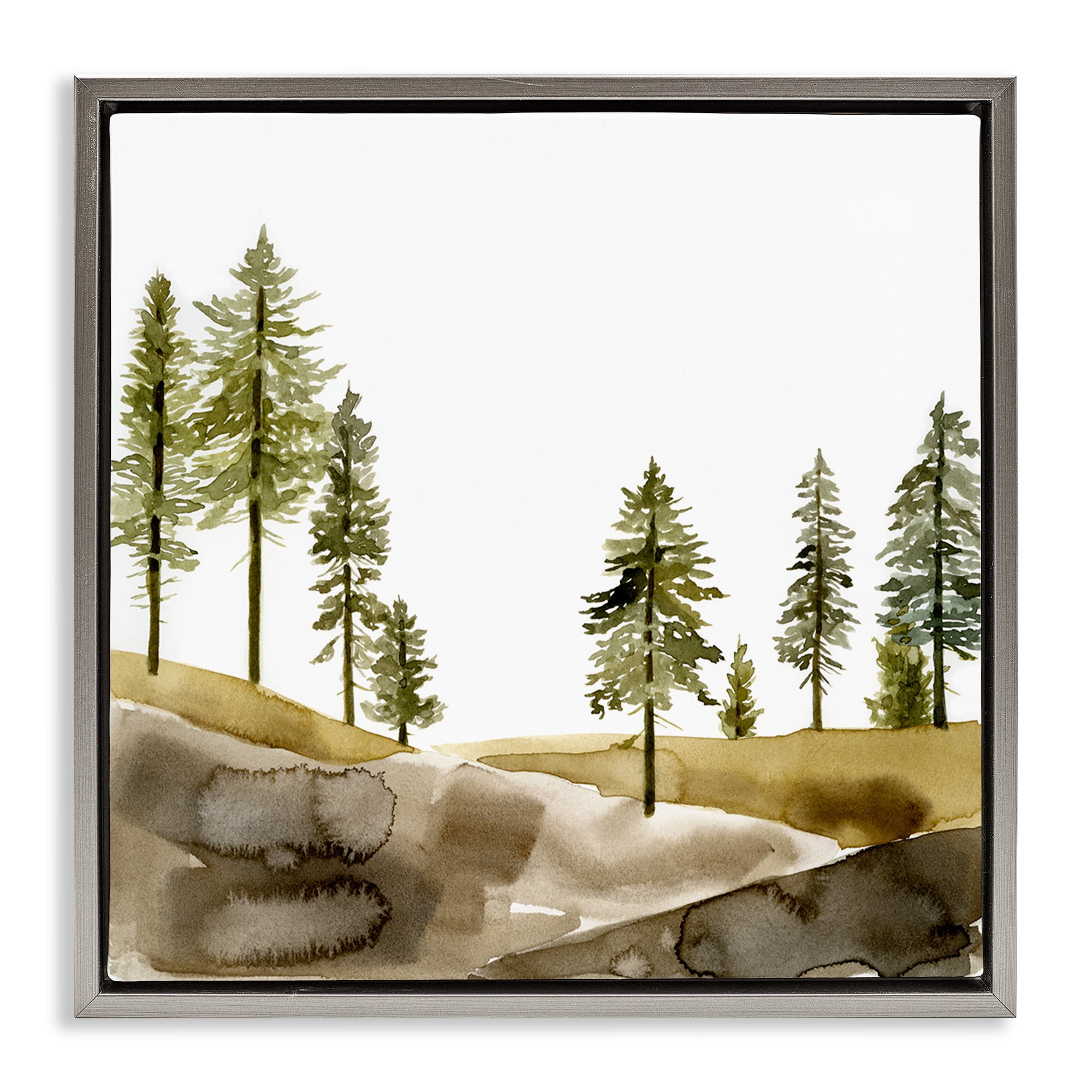 Stupell Industries Pine Tree Forest Watercolor Landscape Painting Gray Floater Framed Canvas Art Print Wall Art, 18 x 18