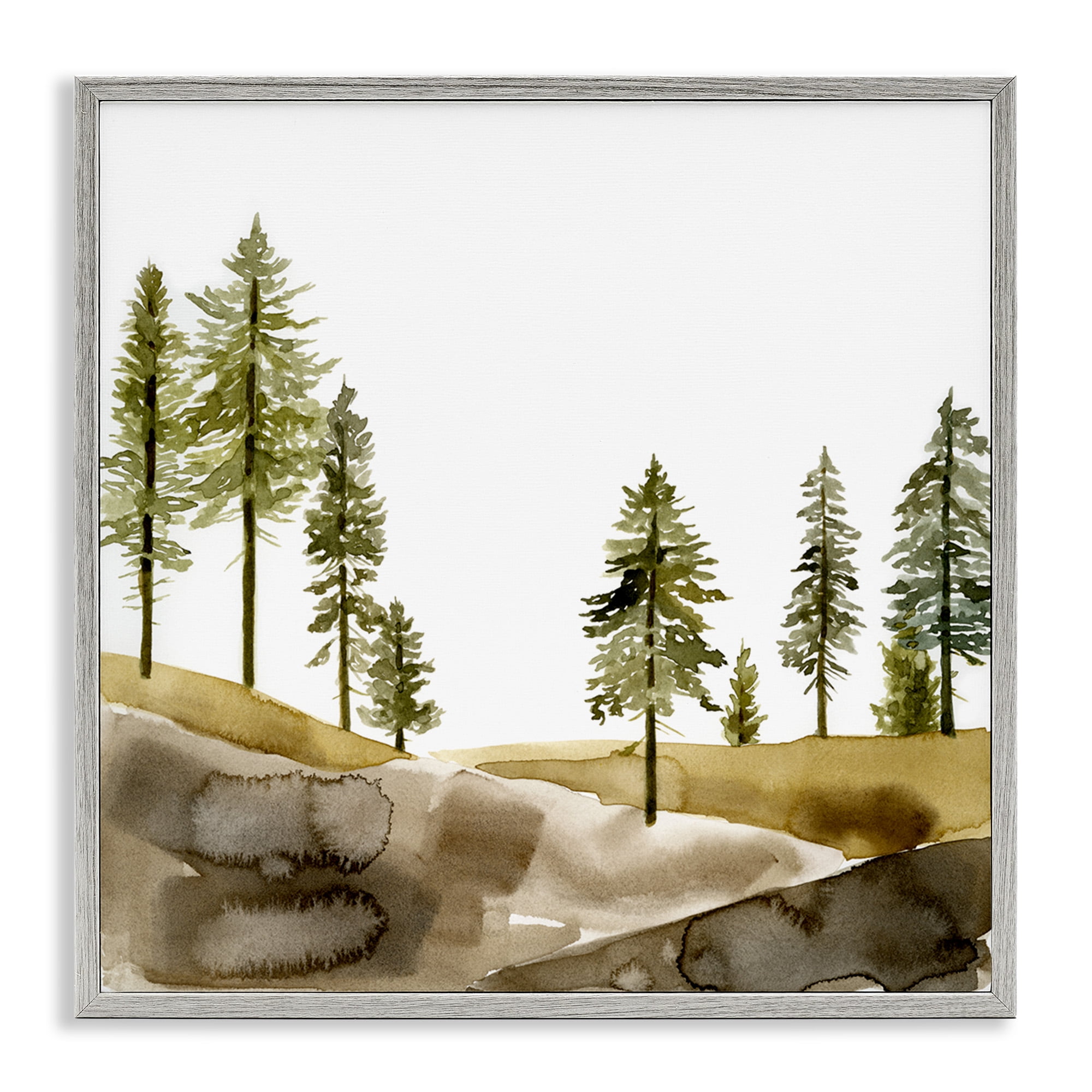 Stupell Industries Pine Tree Forest Watercolor Landscape Painting Gray Framed Art Print Wall Art, 12 x 12