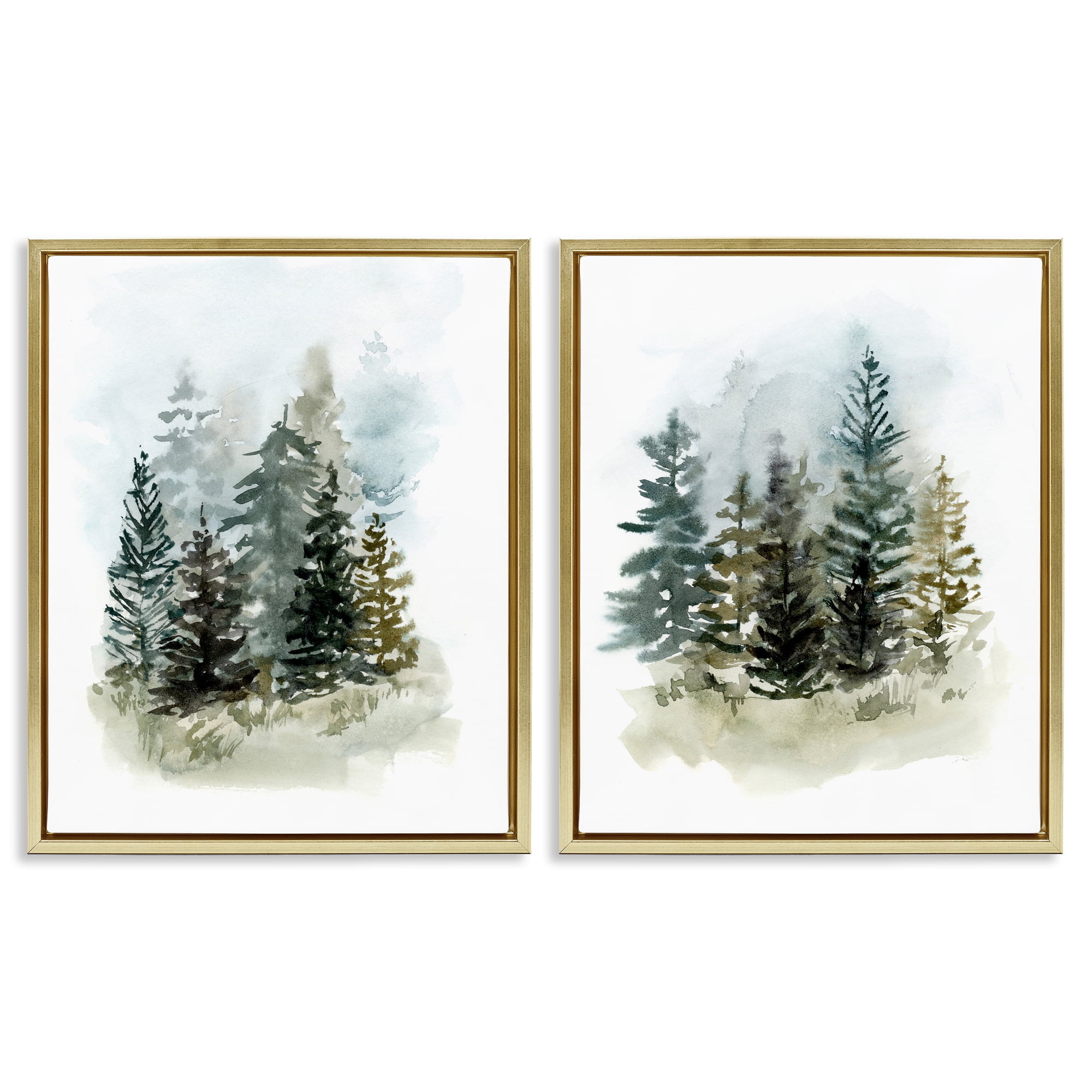Stupell Industries Pine Trees Forest Grove Landscape & Nature Painting Gold Floater Framed Canvas Art Print Wall Art, 17 x 21, Set of 2