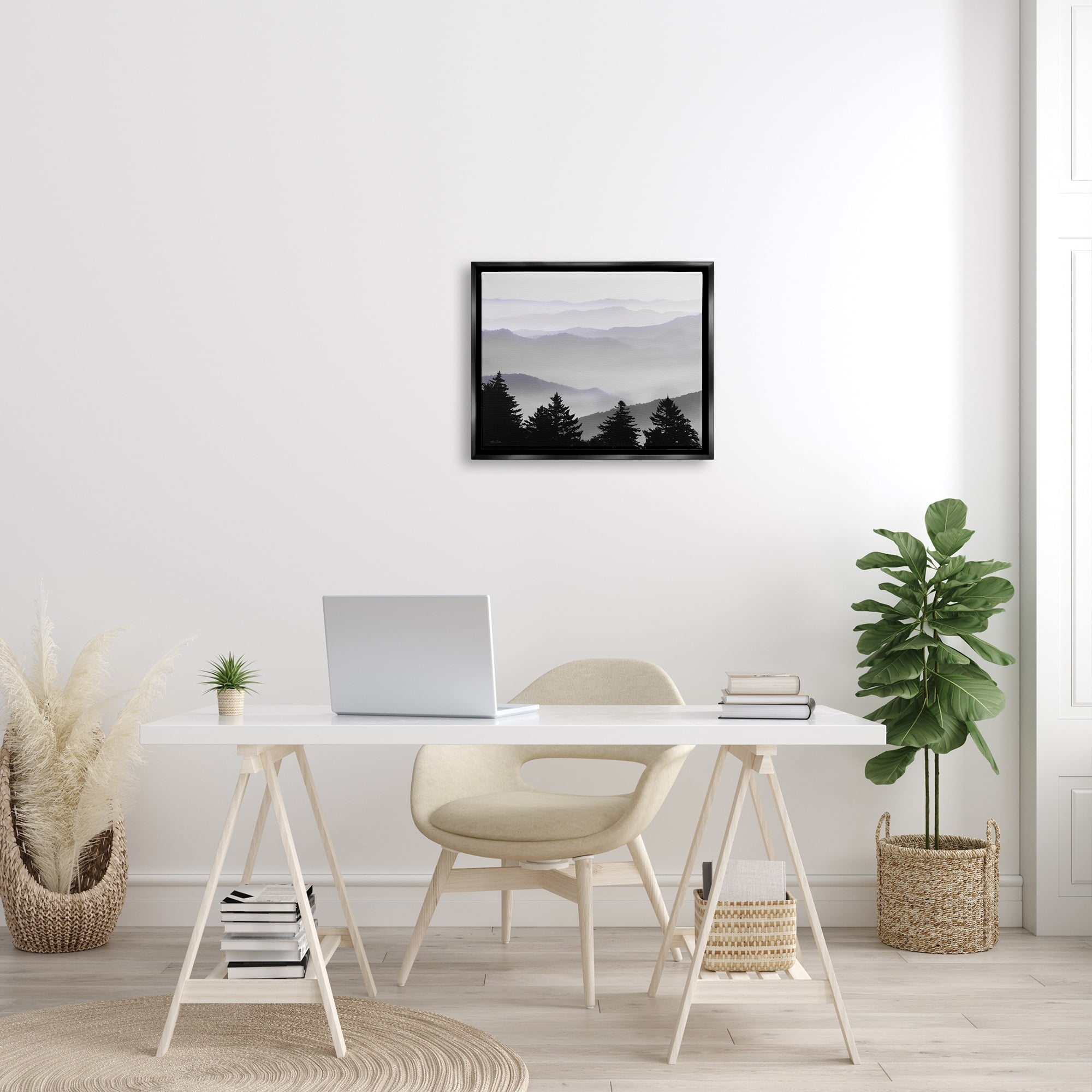 Stupell Industries Pine Trees Silhouettes Foggy Mountain Range Peaks Photograph Jet Black Floating Framed Canvas Print Wall Art, Design by Lori Deiter